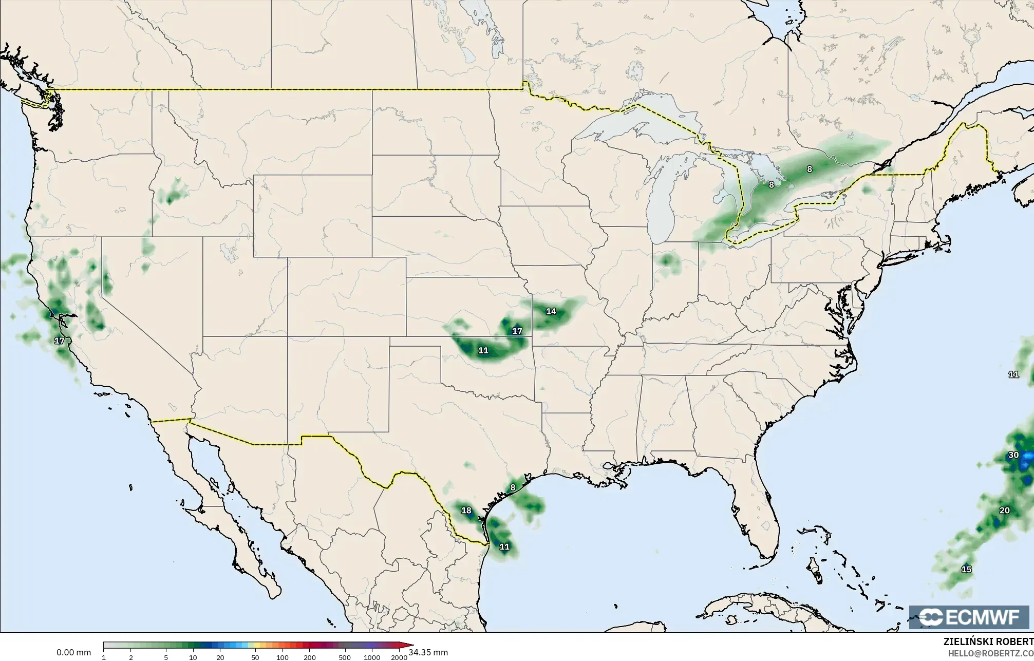 ECMWF IFS 0.25° modelo - Estados Unidos, Acumulación de precipitación