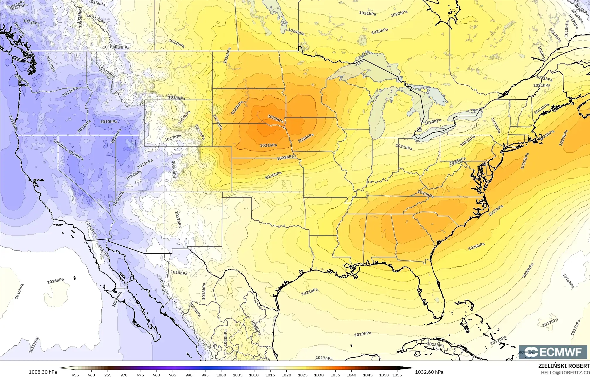 ECMWF IFS 0.25° modelo - Estados Unidos, Presión
