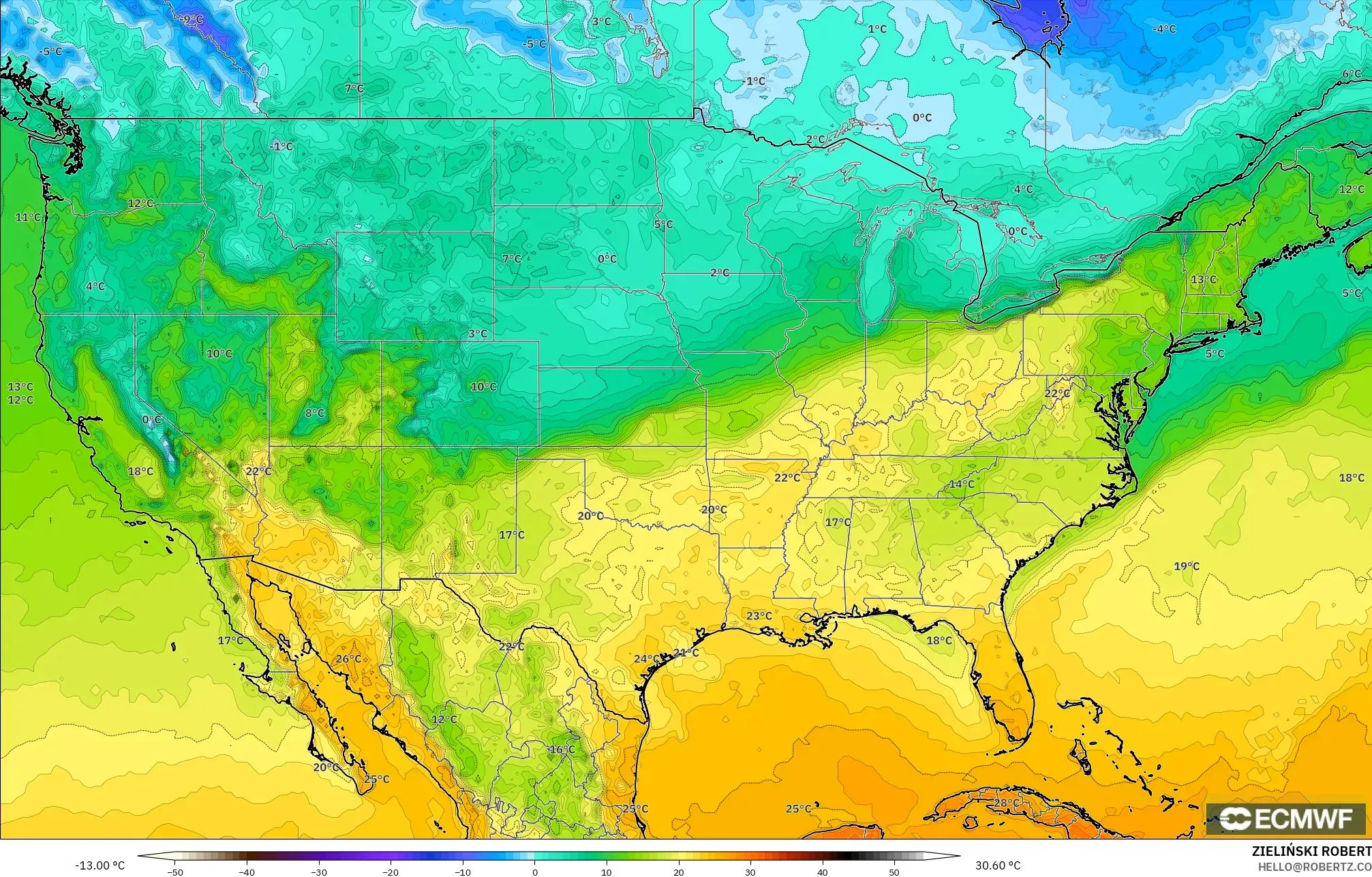 ECMWF IFS 0.25° modelo - Estados Unidos, Temperatura a 2 m