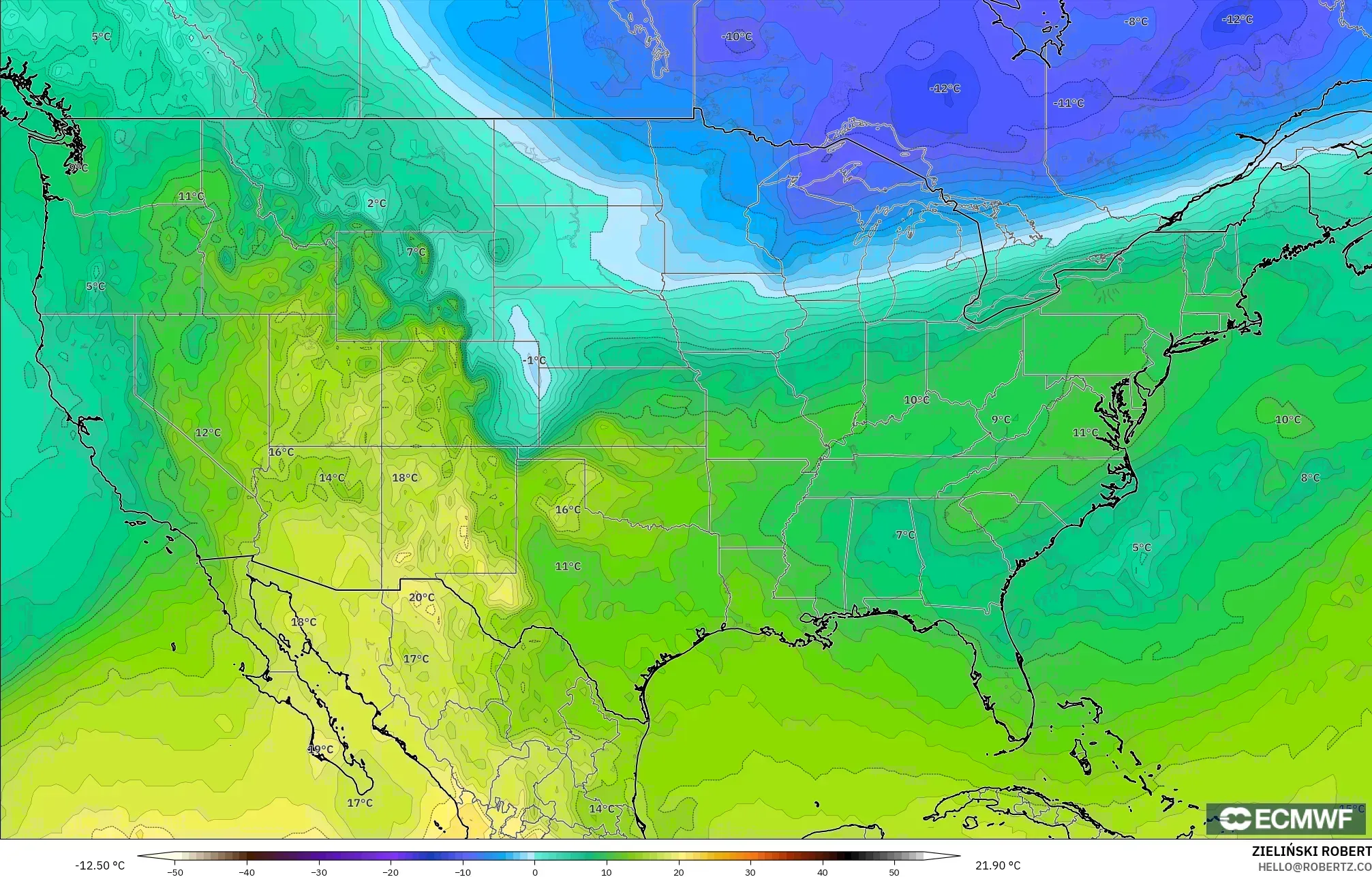 ECMWF IFS 0.25° modelo - Estados Unidos, Temperatura a 850 hPa