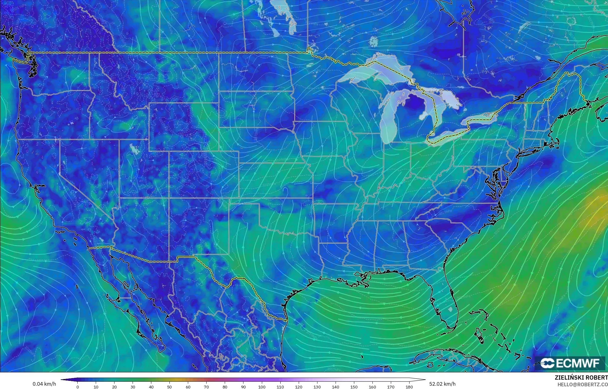 ECMWF IFS 0.25° modelo - Estados Unidos, Viento a 10 m