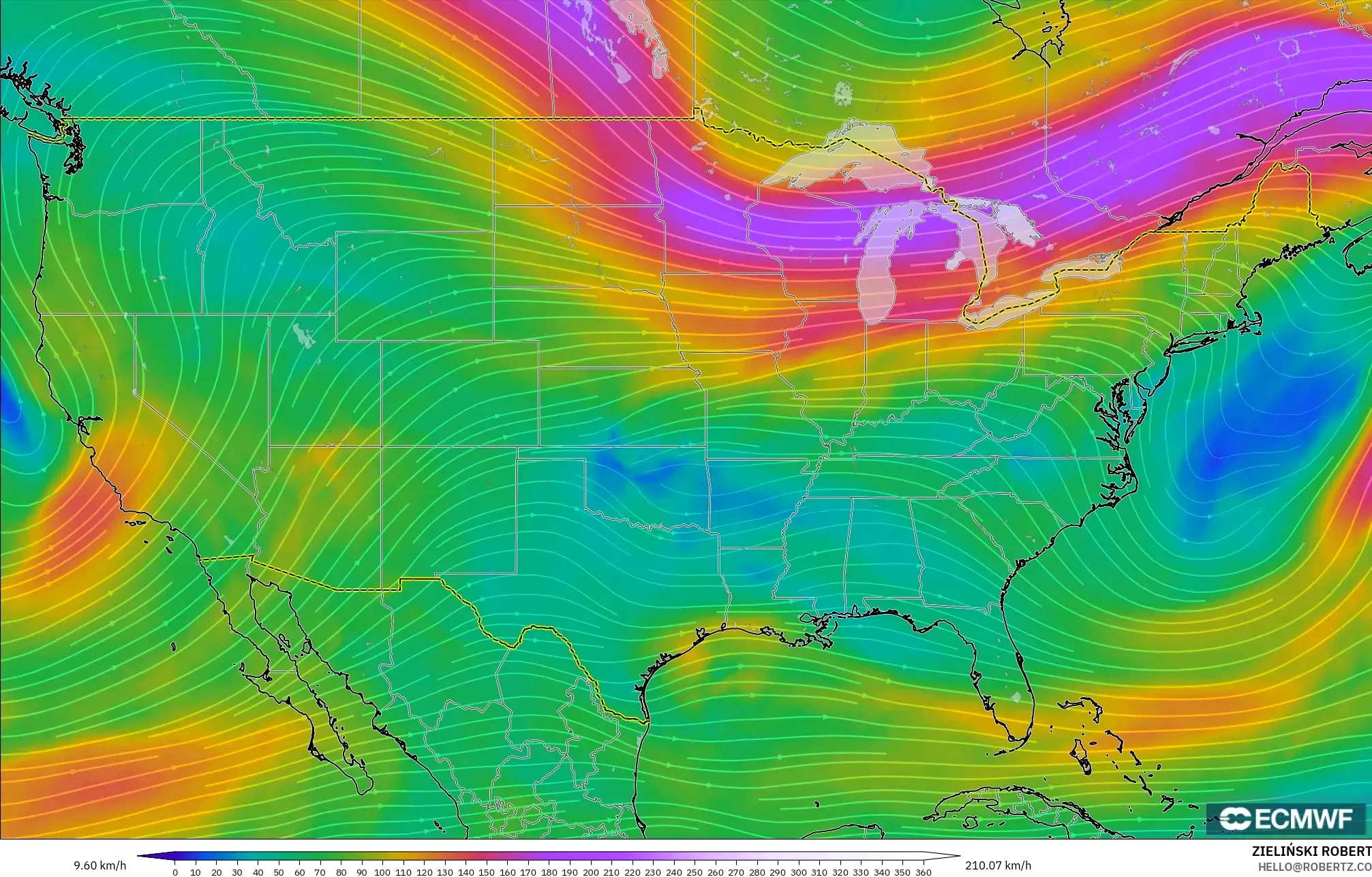 ECMWF IFS 0.25° modelo - Estados Unidos, Viento a 300 hPa (corriente en chorro)