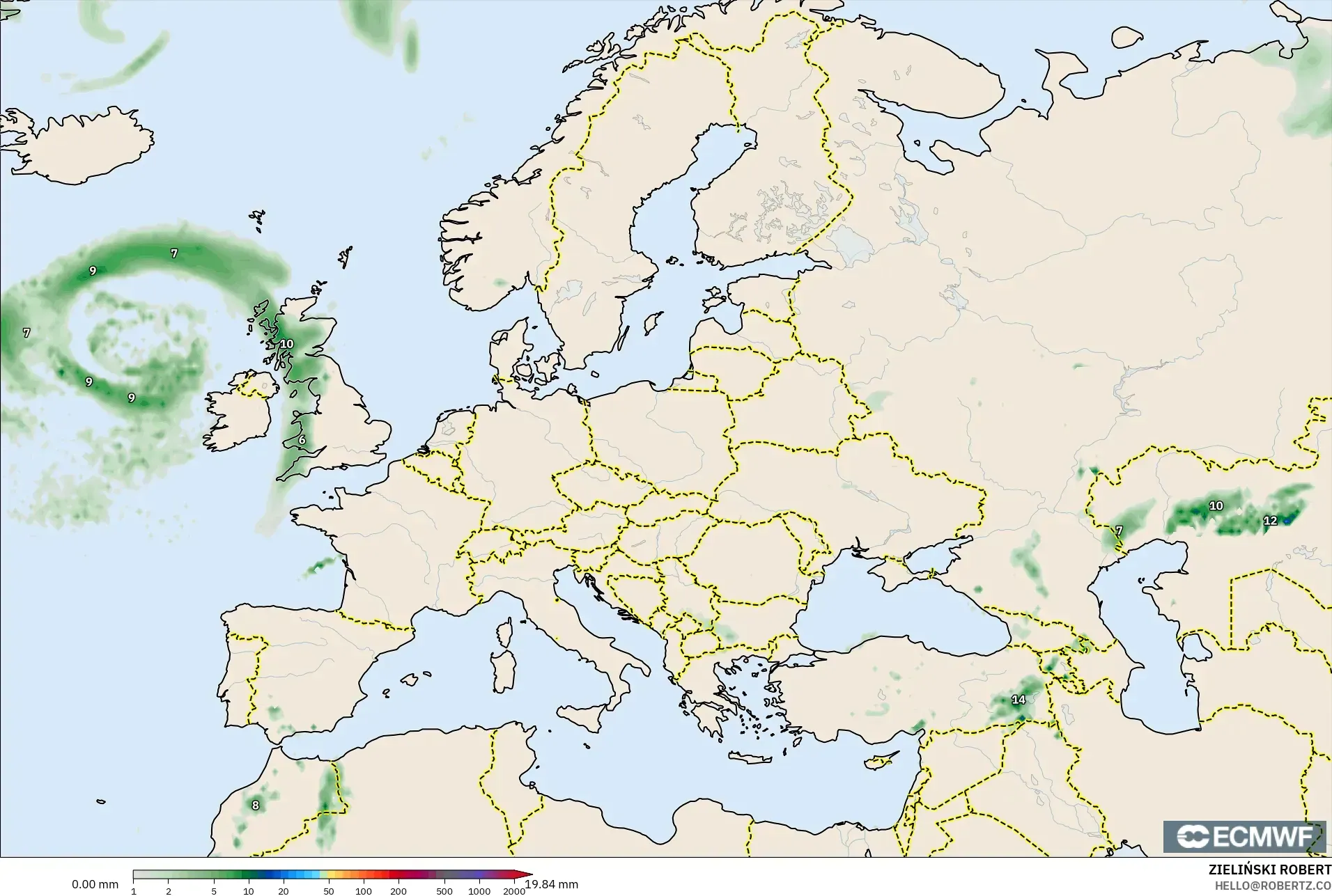 ECMWF IFS 0.25° modelo - Europa, Acumulación de precipitación