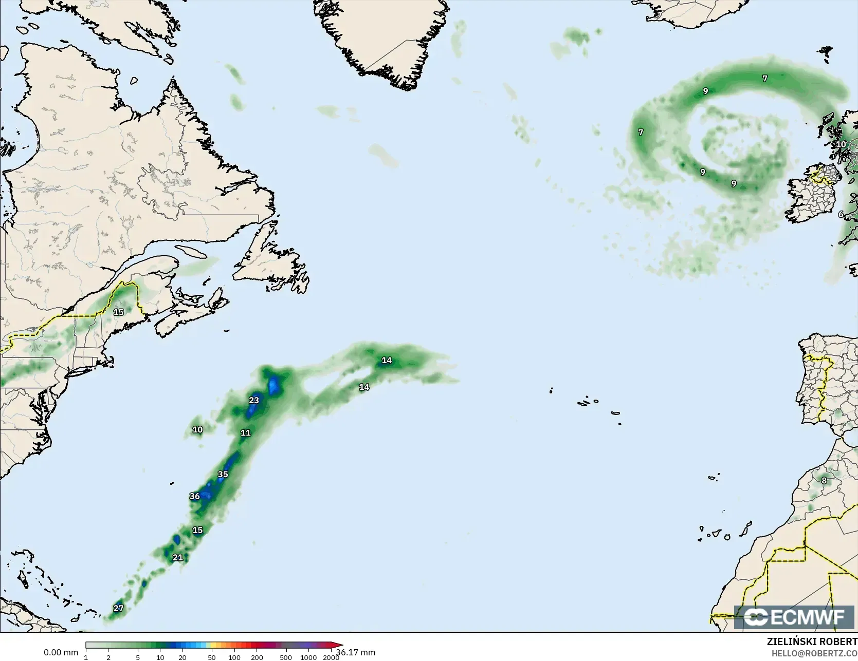 ECMWF IFS 0.25° modelo - Norte Atlántico, Acumulación de precipitación