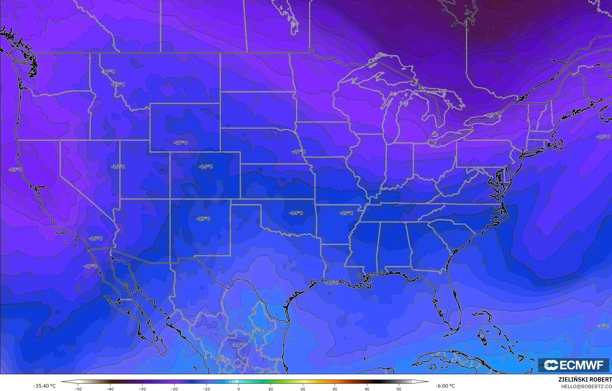 ECMWF IFS 0.25° modelo - Estados Unidos, Temperatura a 500 hPa