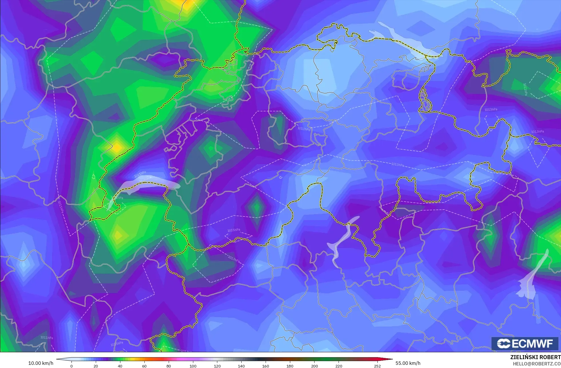 ECMWF IFS 0.25° modelo - Suiza, Ráfagas de viento