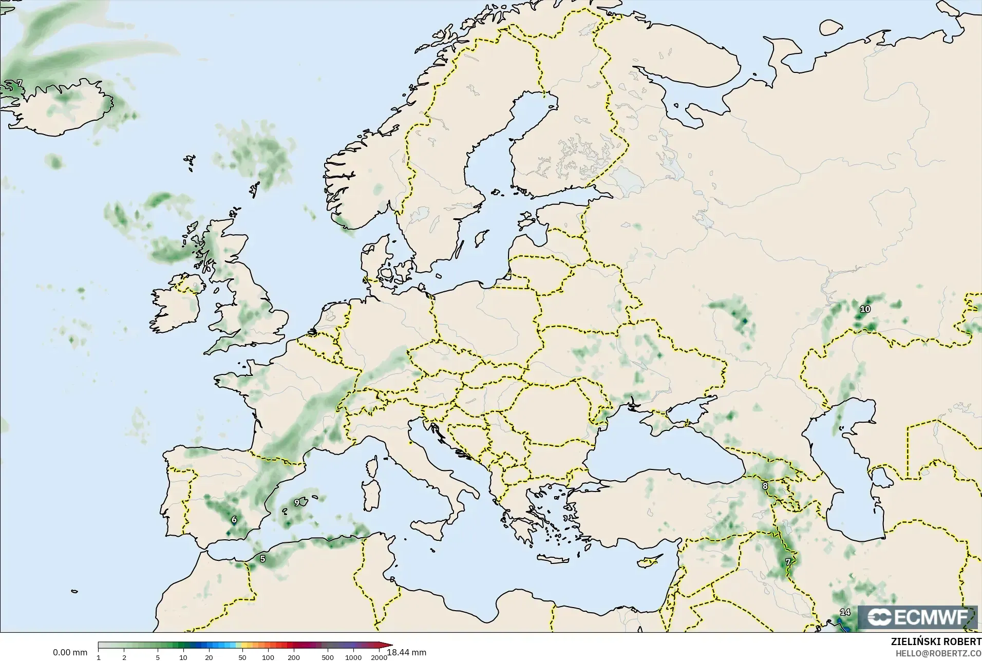 ECMWF IFS 0.25° modelo - Europa, Acumulación de precipitación