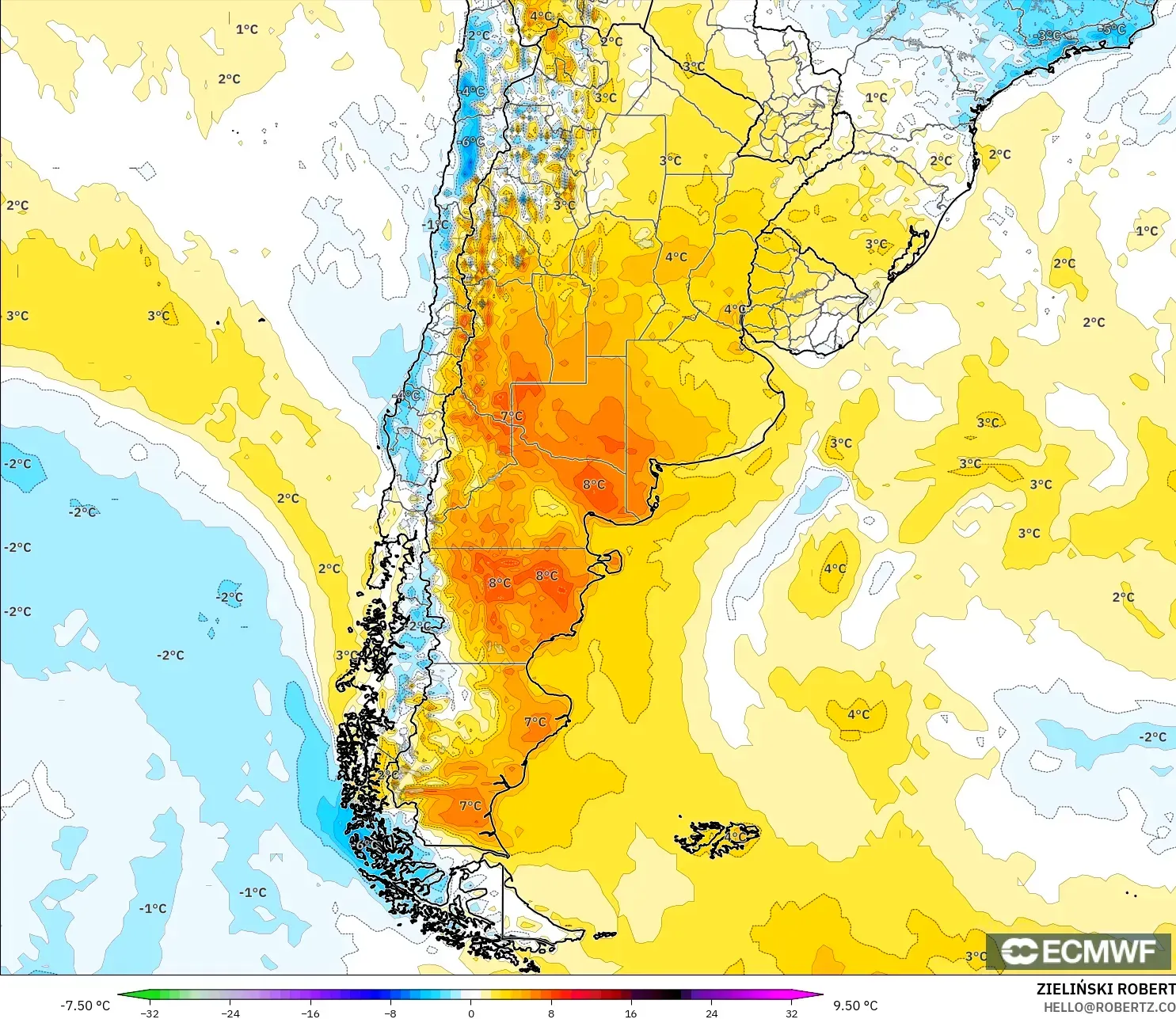ECMWF IFS 0.25° modelo - Argentina, Anomalía de temperatura a 2 m