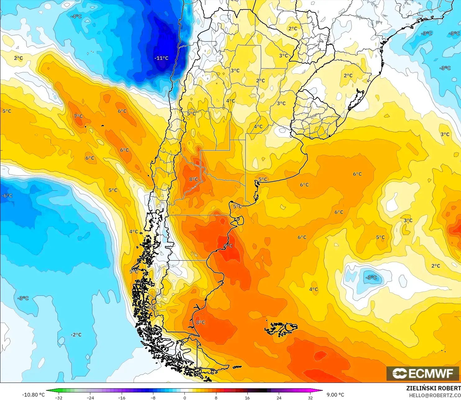 ECMWF IFS 0.25° modelo - Argentina, Anomalía de temperatura a 850 hPa
