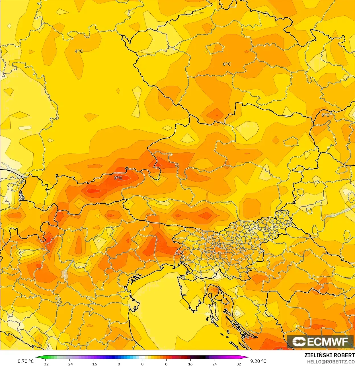 ECMWF IFS 0.25° modelo - Austria, Anomalía de temperatura a 2 m