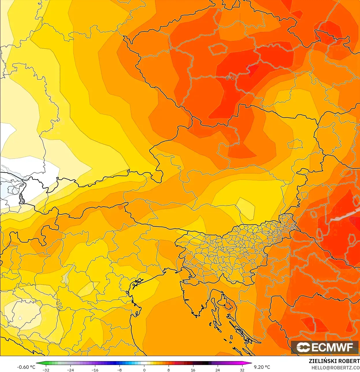 ECMWF IFS 0.25° modelo - Austria, Anomalía de temperatura a 850 hPa