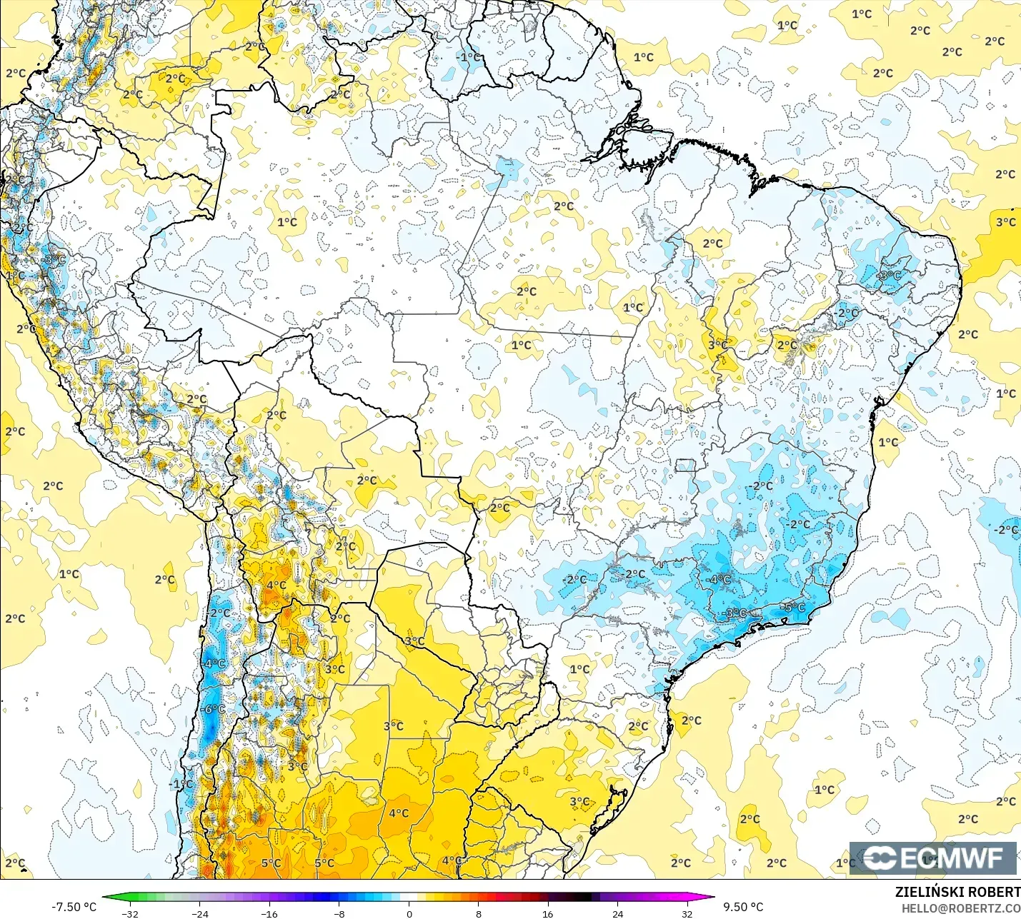 ECMWF IFS 0.25° modelo - Brasil, Anomalía de temperatura a 2 m