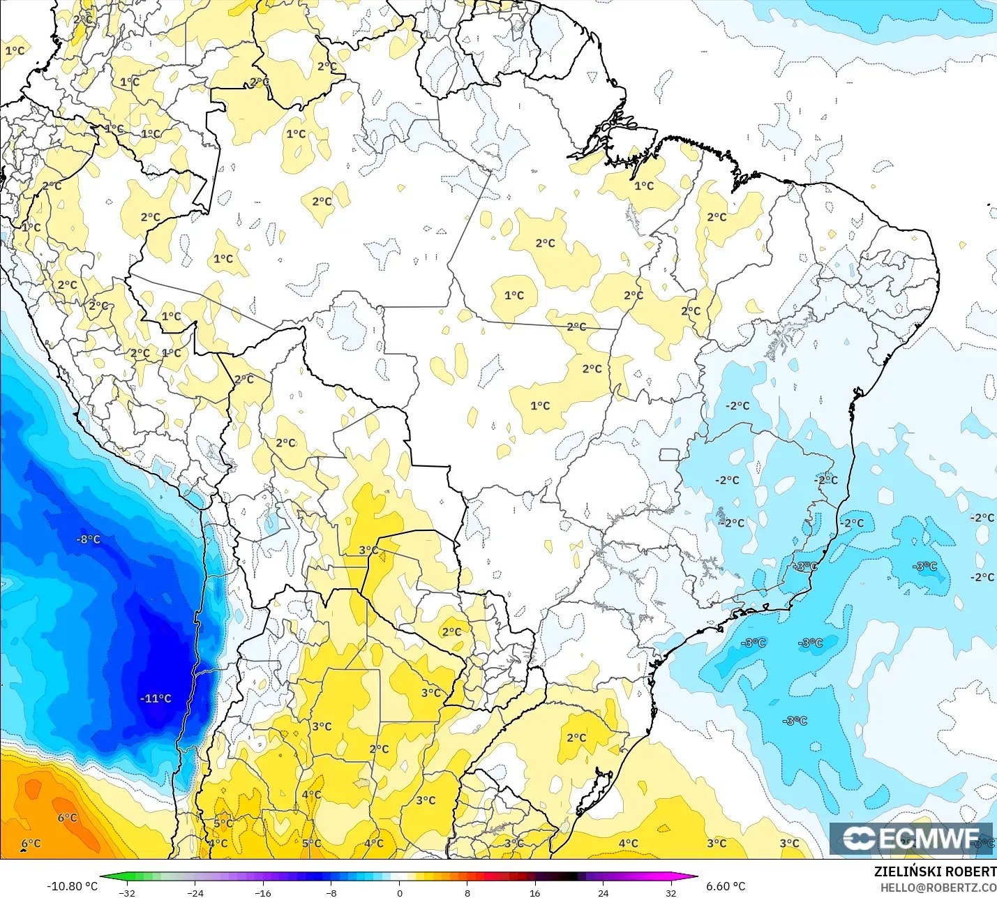 ECMWF IFS 0.25° modelo - Brasil, Anomalía de temperatura a 850 hPa