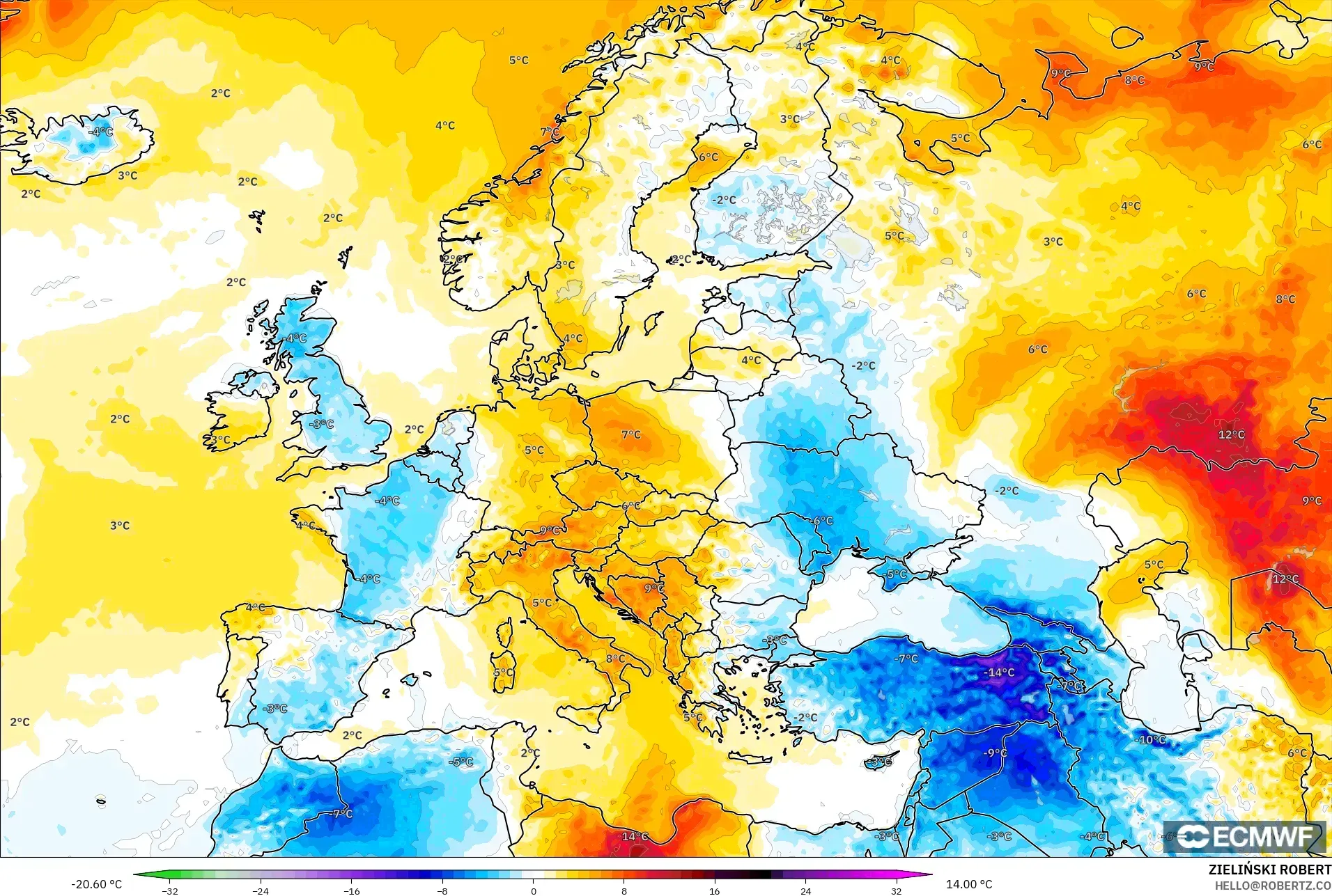 ECMWF IFS 0.25° modelo - Europa, Anomalía de temperatura a 2 m