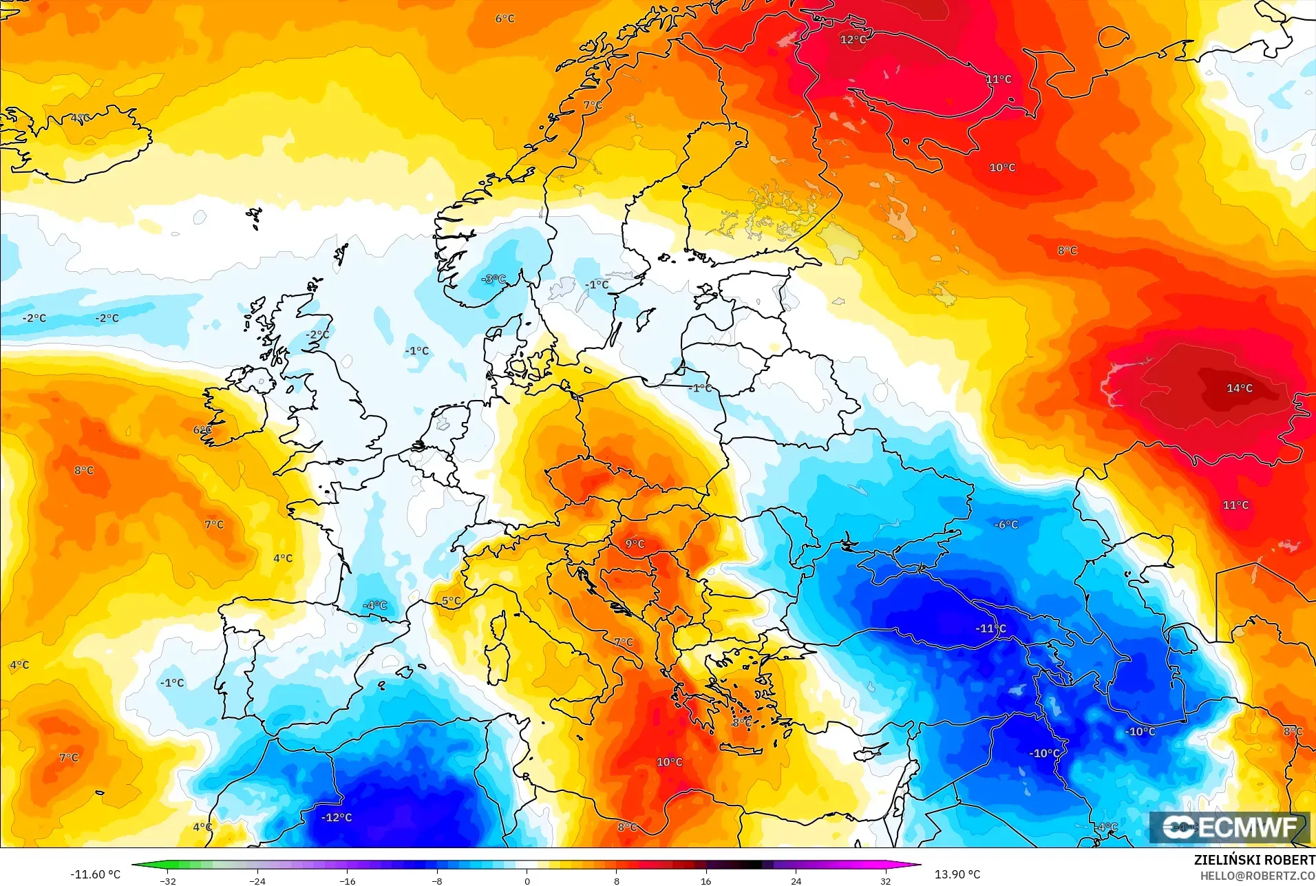 ECMWF IFS 0.25° modelo - Europa, Anomalía de temperatura a 850 hPa