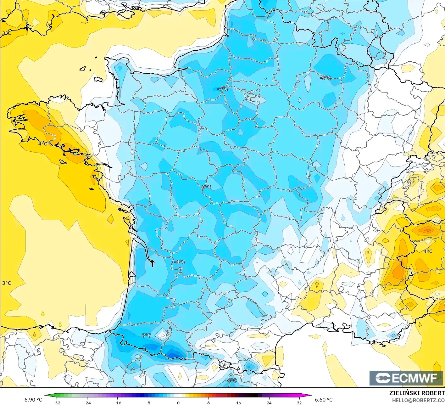ECMWF IFS 0.25° modelo - Francia, Anomalía de temperatura a 2 m