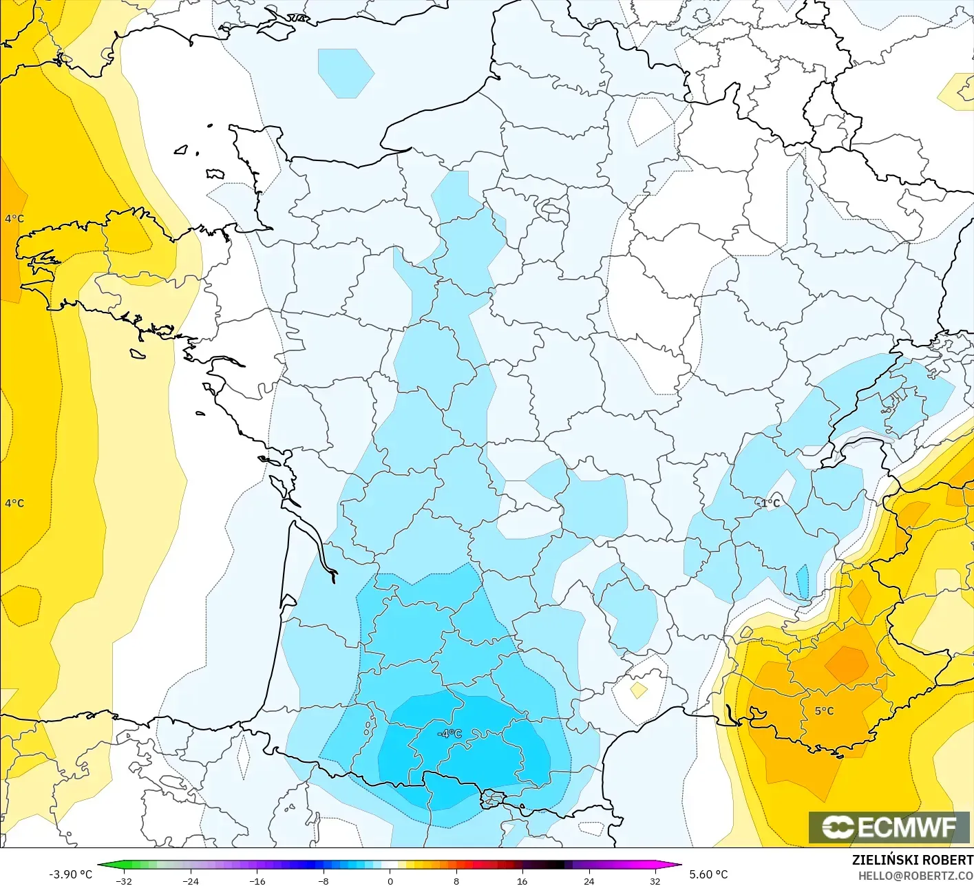 ECMWF IFS 0.25° modelo - Francia, Anomalía de temperatura a 850 hPa