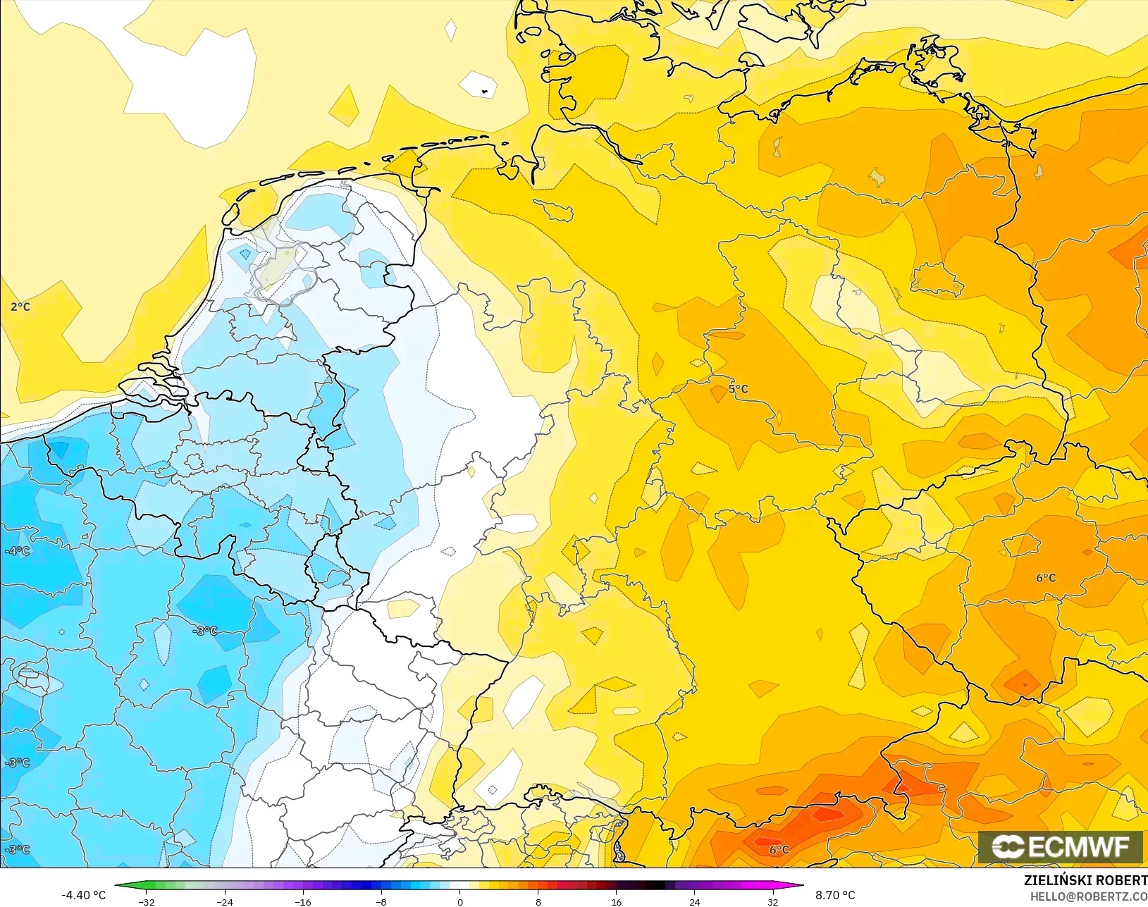 ECMWF IFS 0.25° modelo - Alemania, Anomalía de temperatura a 2 m