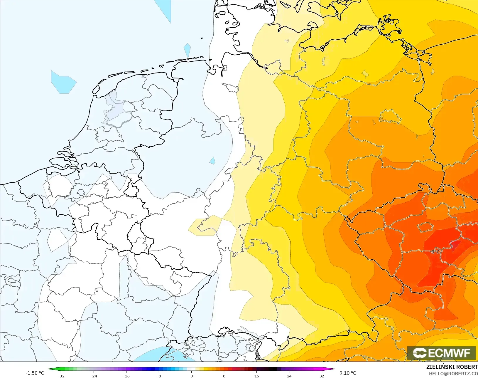 ECMWF IFS 0.25° modelo - Alemania, Anomalía de temperatura a 850 hPa