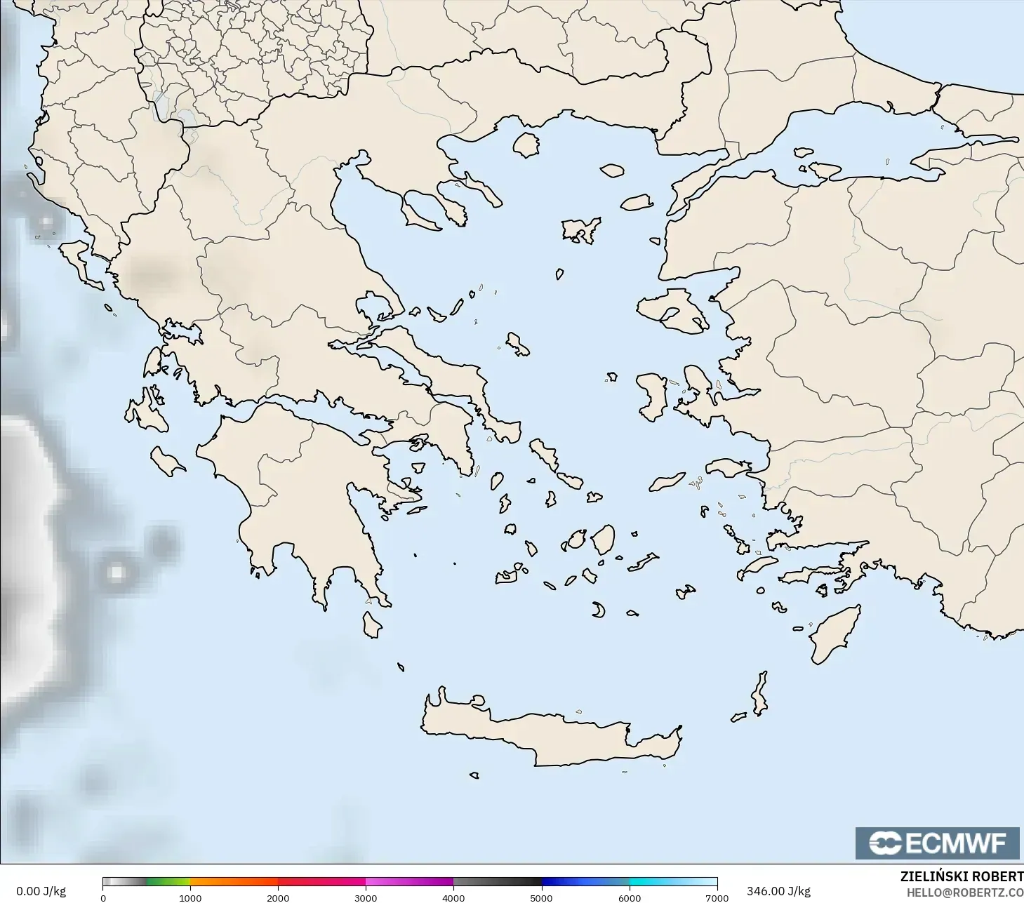 ECMWF IFS 0.25° modelo - Grecia, CAPE