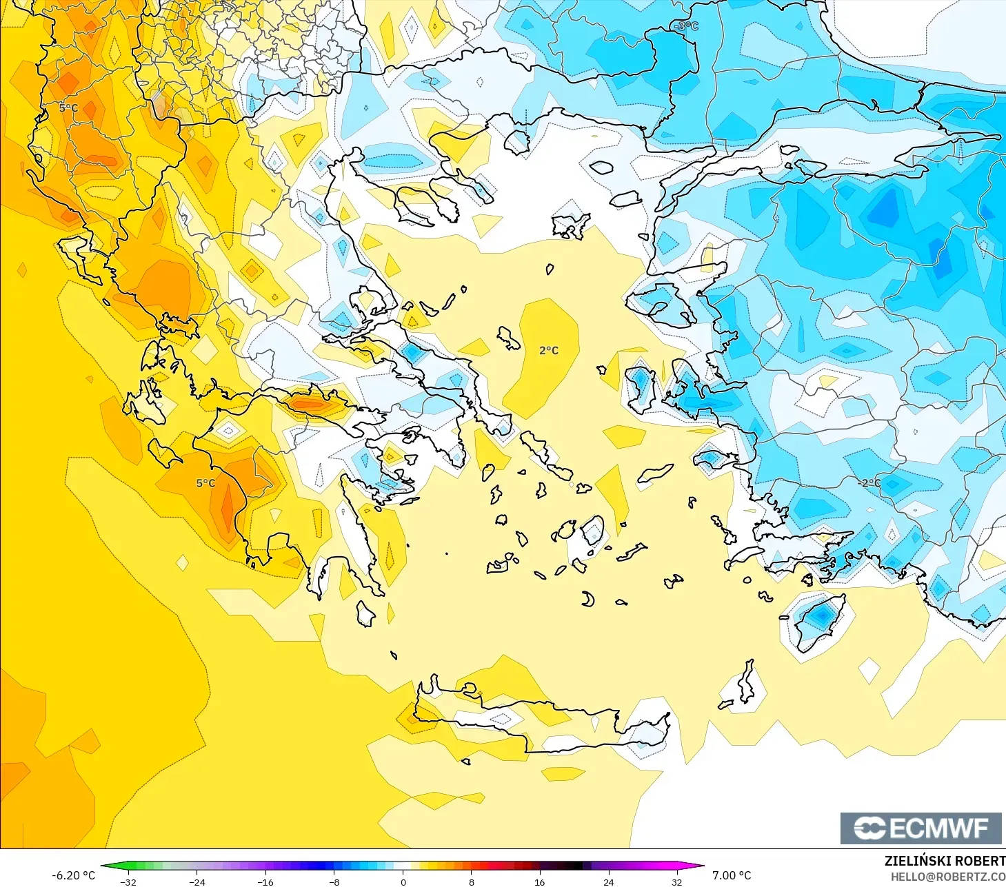 ECMWF IFS 0.25° modelo - Grecia, Anomalía de temperatura a 2 m