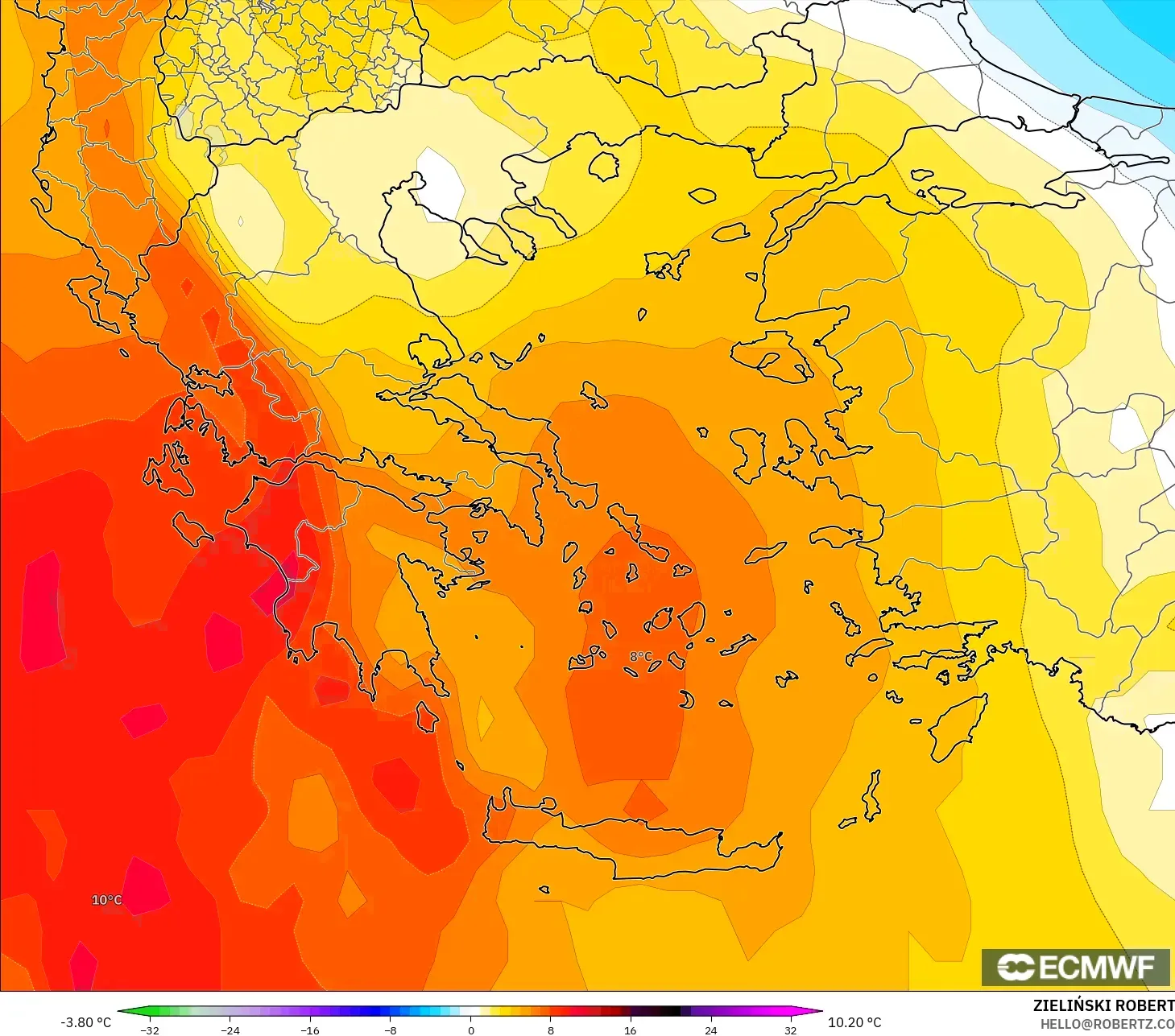 ECMWF IFS 0.25° modelo - Grecia, Anomalía de temperatura a 850 hPa