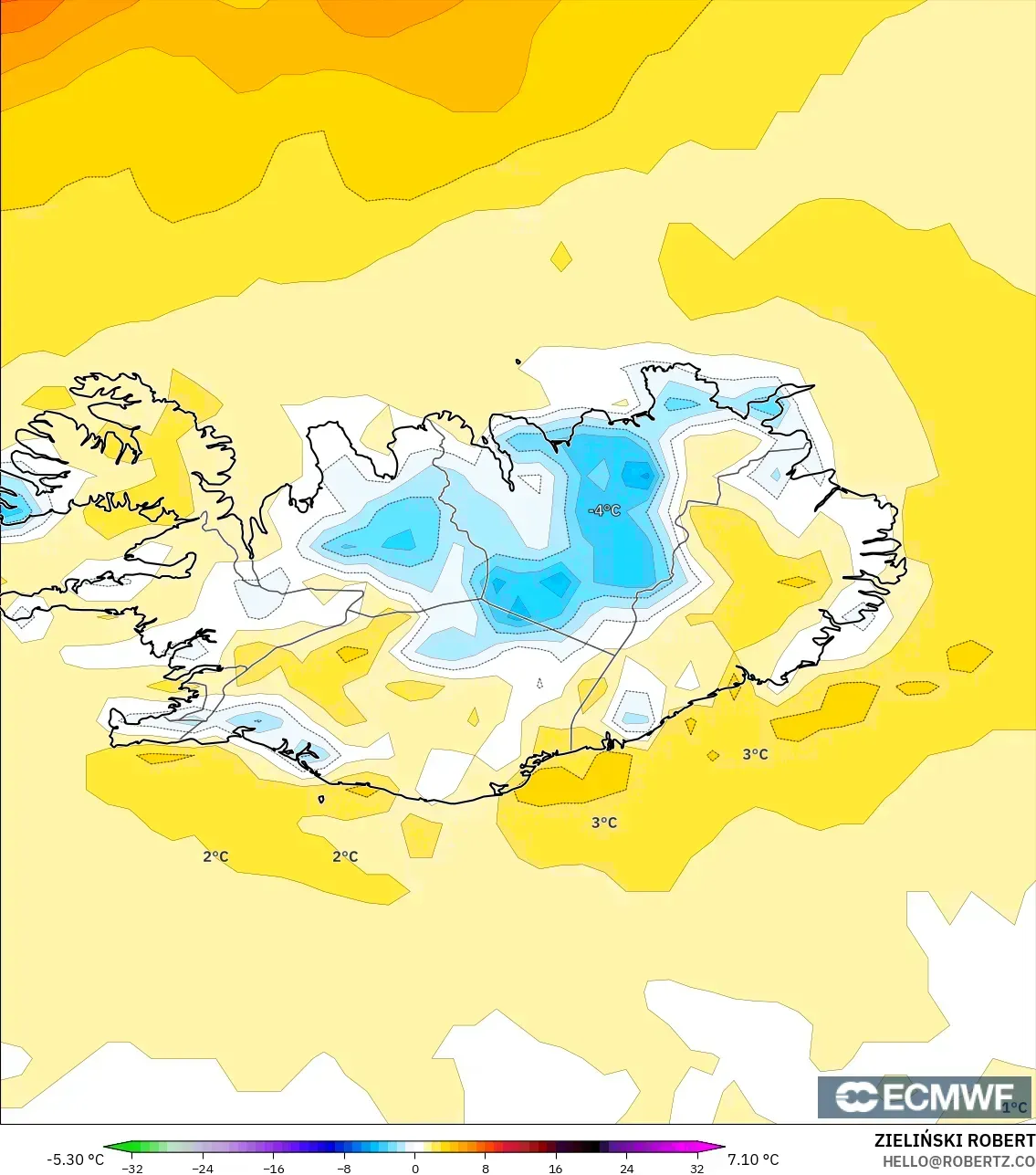 ECMWF IFS 0.25° modelo - Islandia, Anomalía de temperatura a 2 m