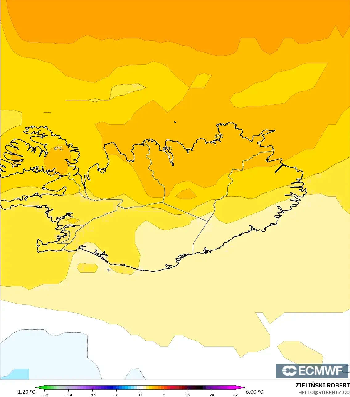ECMWF IFS 0.25° modelo - Islandia, Anomalía de temperatura a 850 hPa