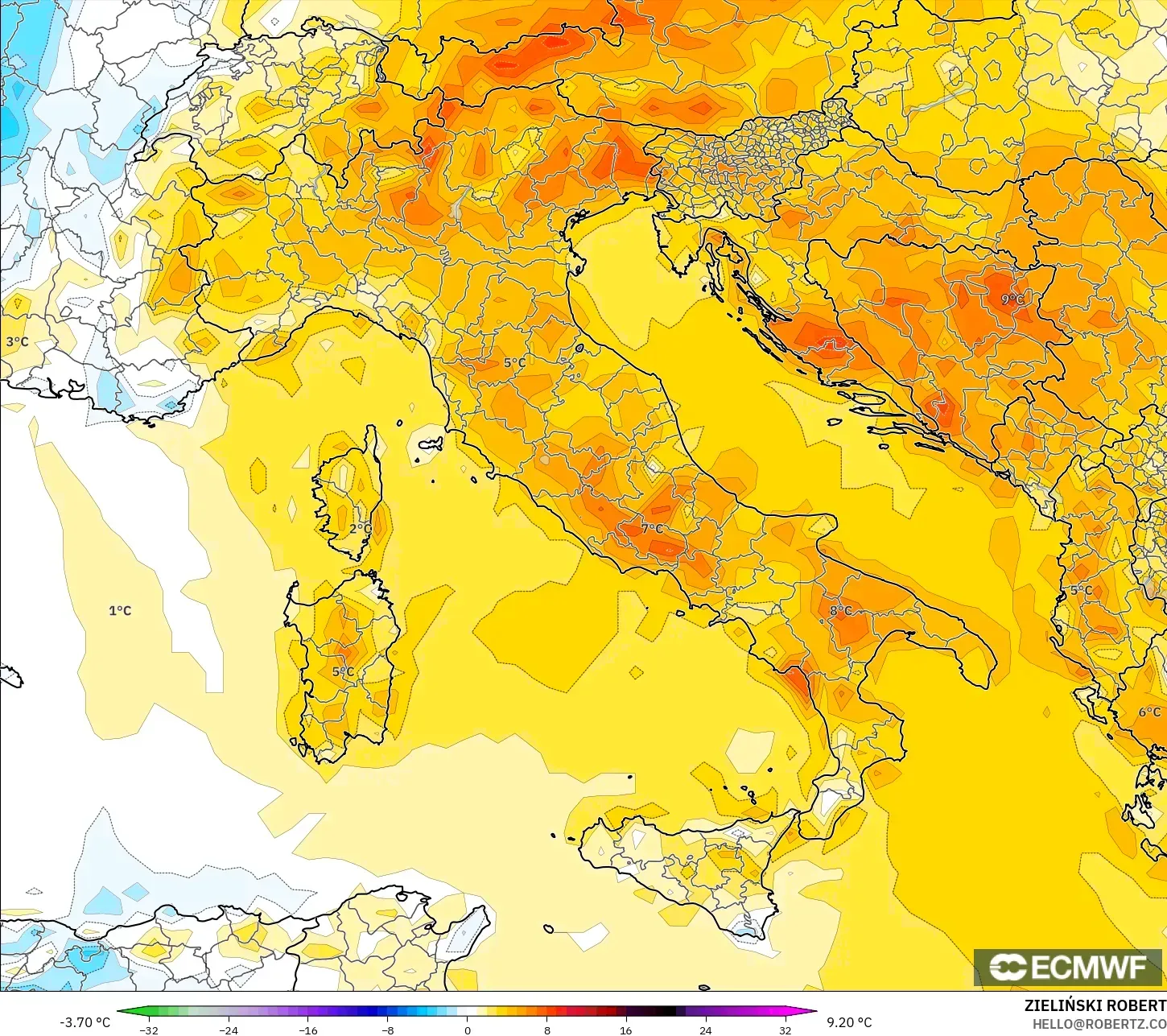 ECMWF IFS 0.25° modelo - Italia, Anomalía de temperatura a 2 m