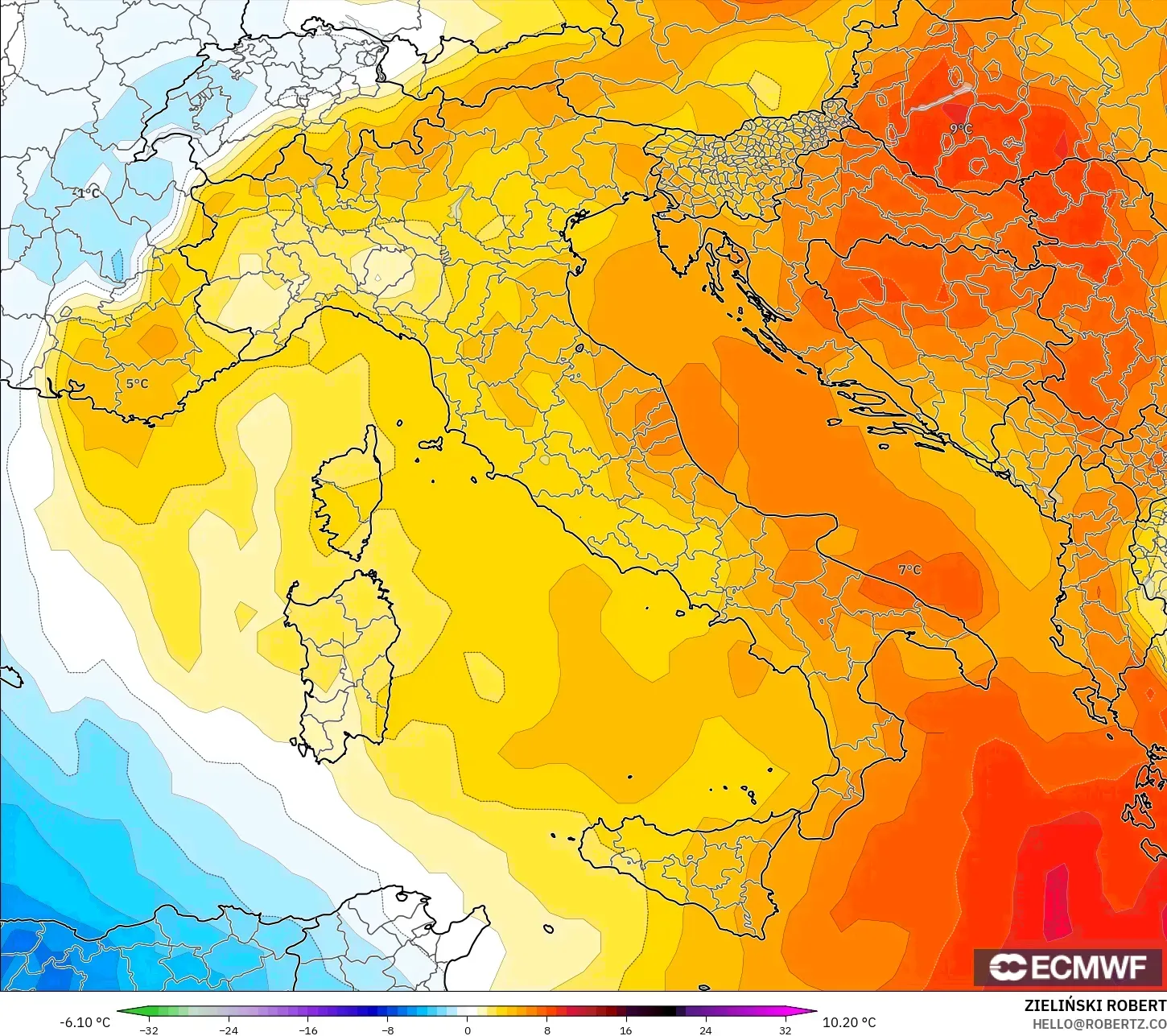 ECMWF IFS 0.25° modelo - Italia, Anomalía de temperatura a 850 hPa