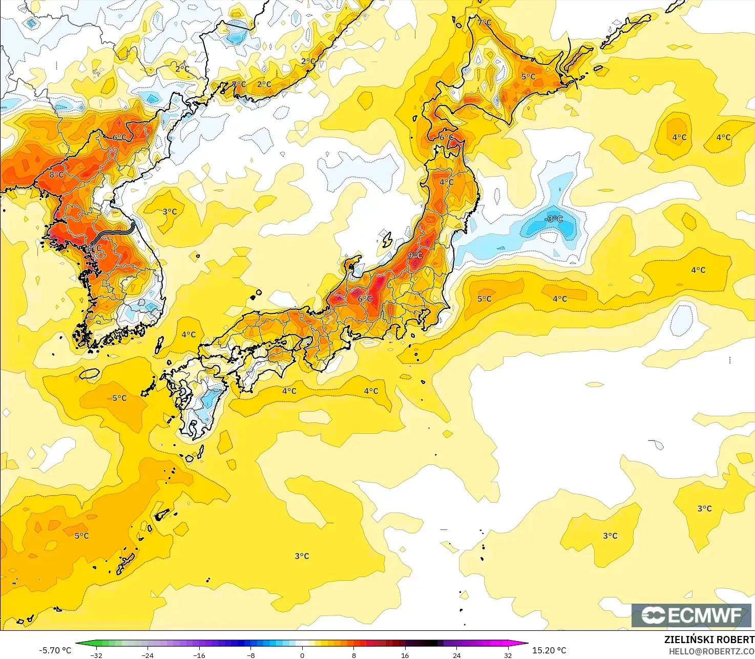 ECMWF IFS 0.25° modelo - Japón, Anomalía de temperatura a 2 m