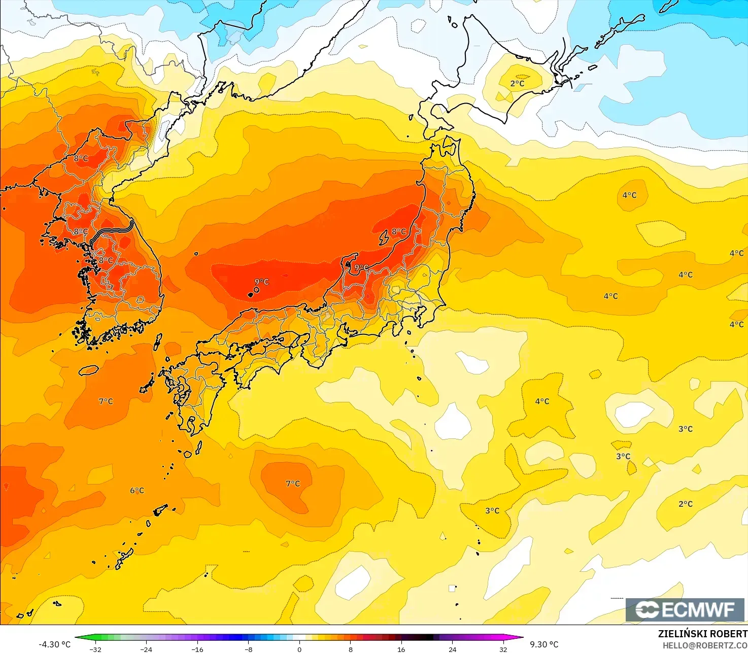 ECMWF IFS 0.25° modelo - Japón, Anomalía de temperatura a 850 hPa