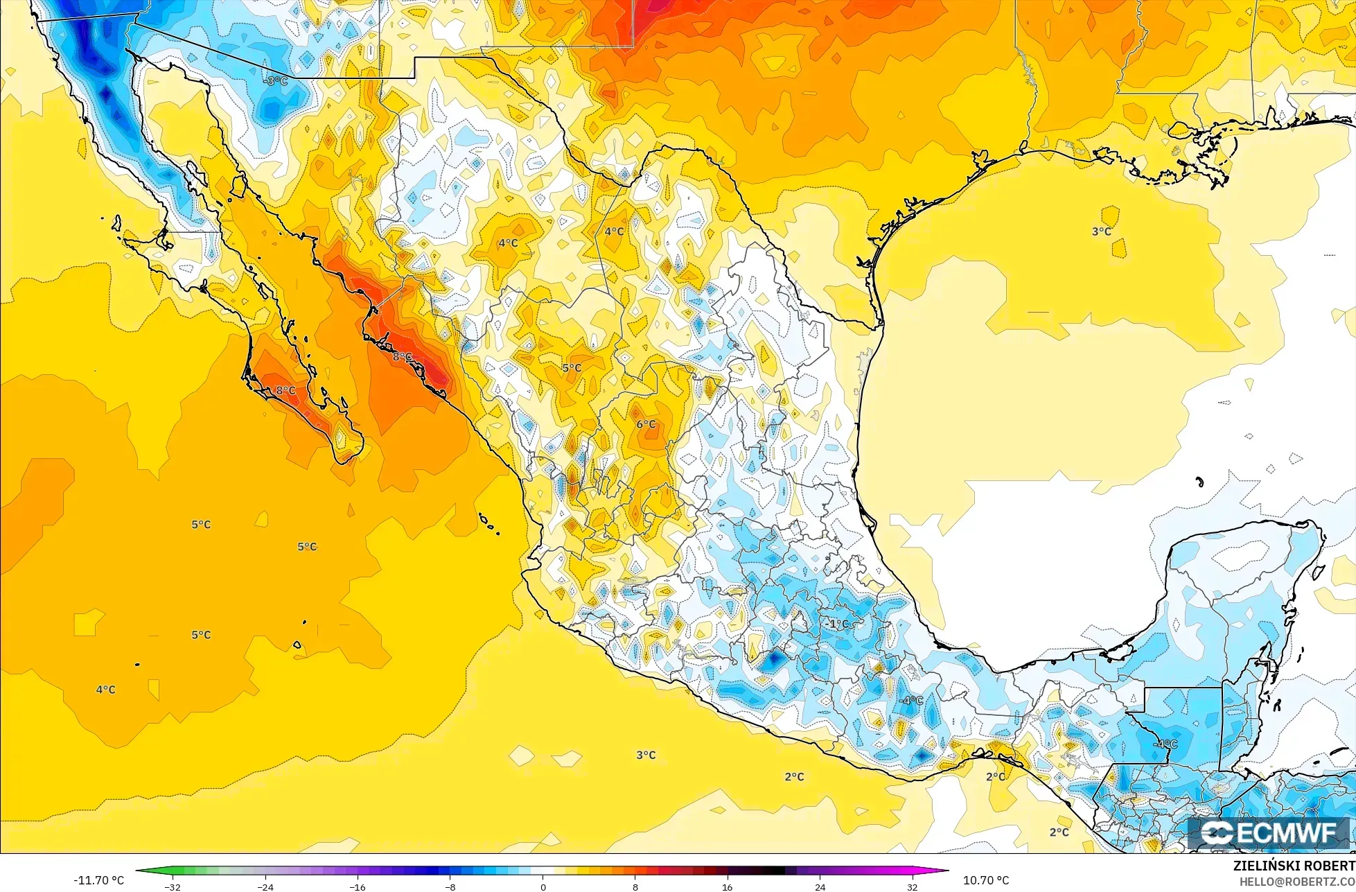 ECMWF IFS 0.25° modelo - México, Anomalía de temperatura a 2 m