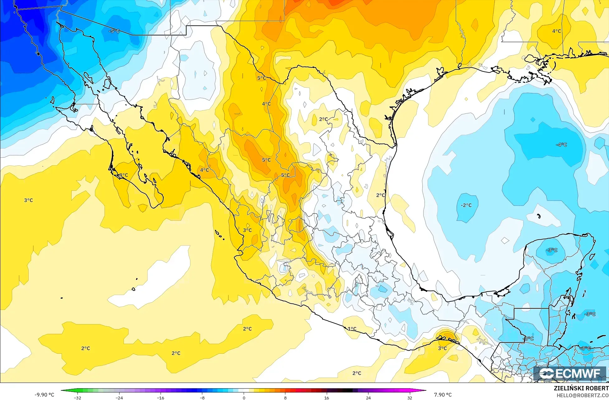 ECMWF IFS 0.25° modelo - México, Anomalía de temperatura a 850 hPa