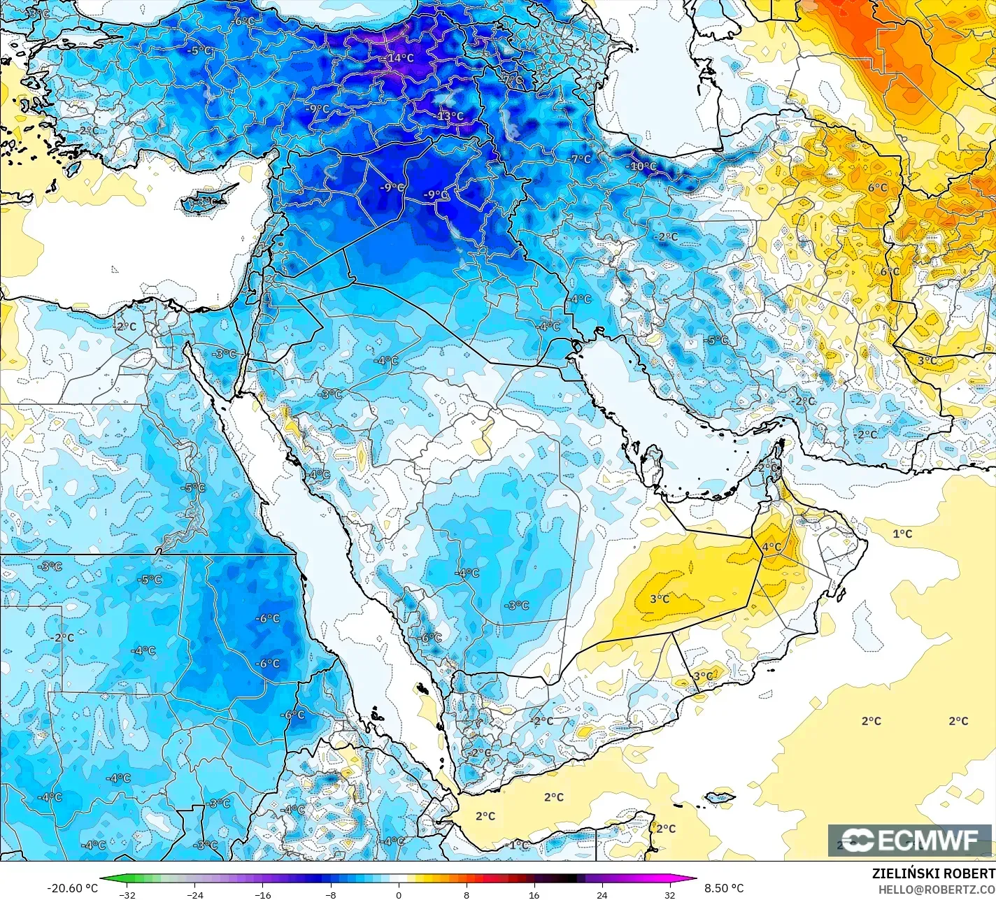ECMWF IFS 0.25° modelo - Oriente Medio, Anomalía de temperatura a 2 m