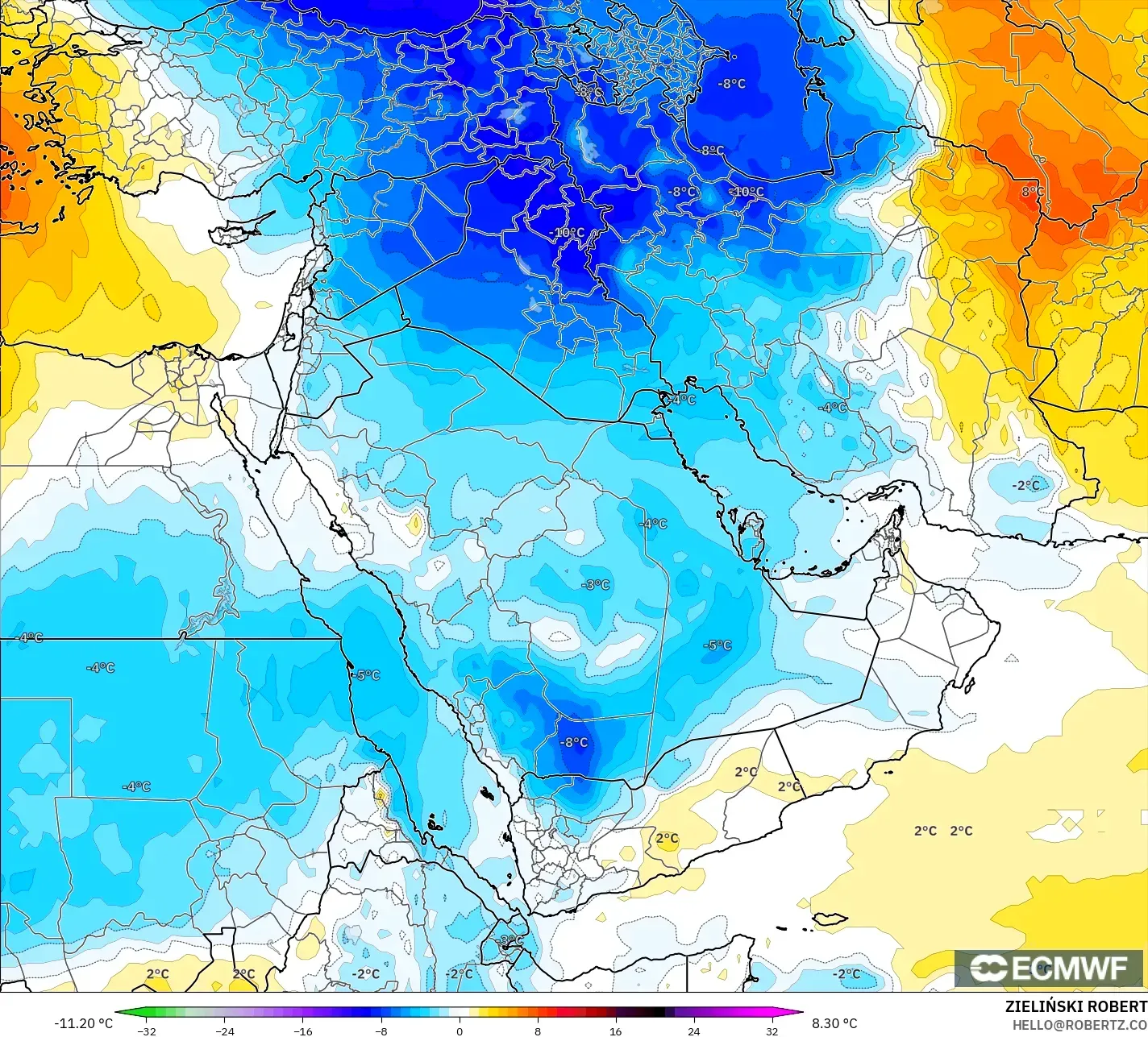 ECMWF IFS 0.25° modelo - Oriente Medio, Anomalía de temperatura a 850 hPa