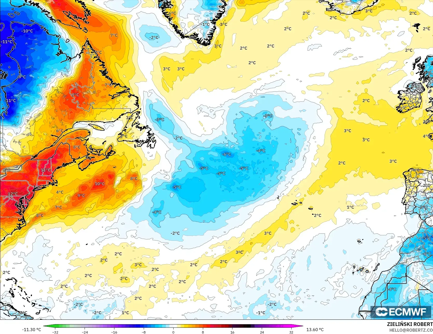 ECMWF IFS 0.25° modelo - Norte Atlántico, Anomalía de temperatura a 2 m