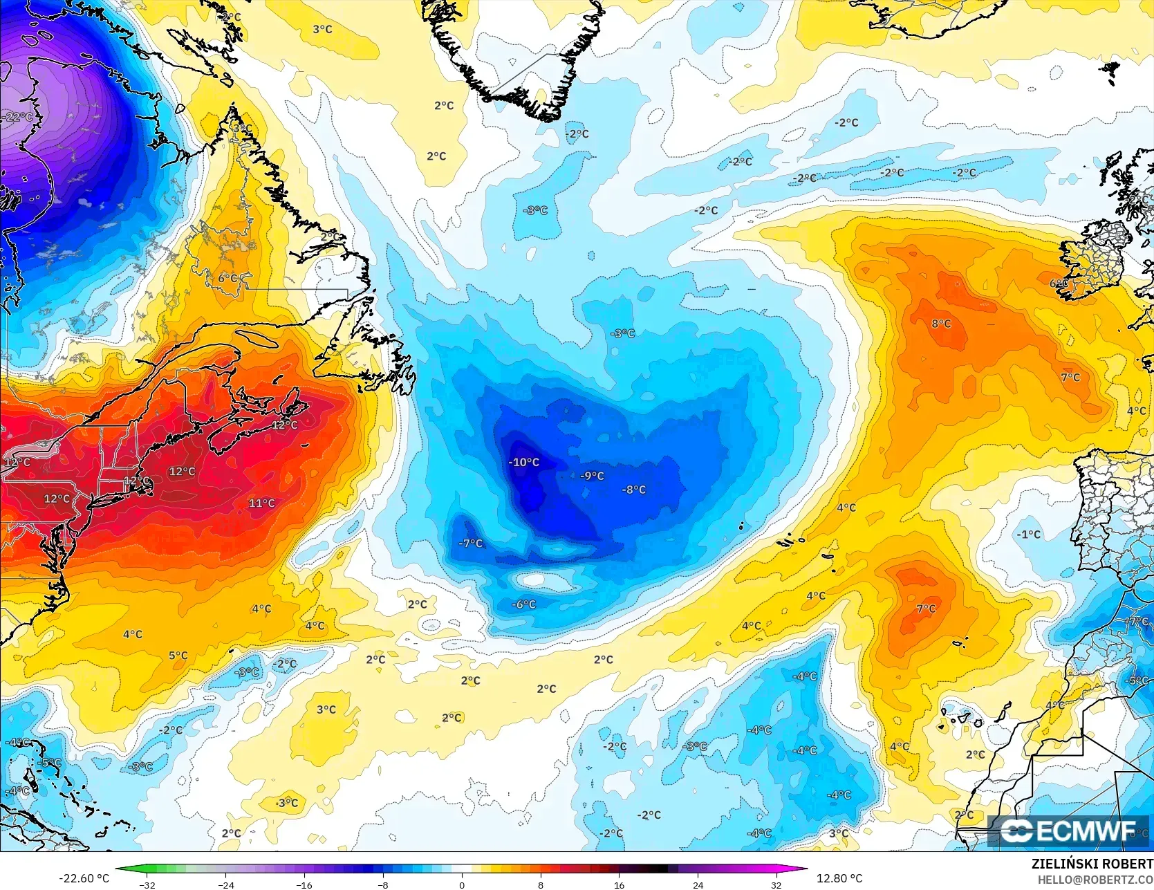 ECMWF IFS 0.25° modelo - Norte Atlántico, Anomalía de temperatura a 850 hPa