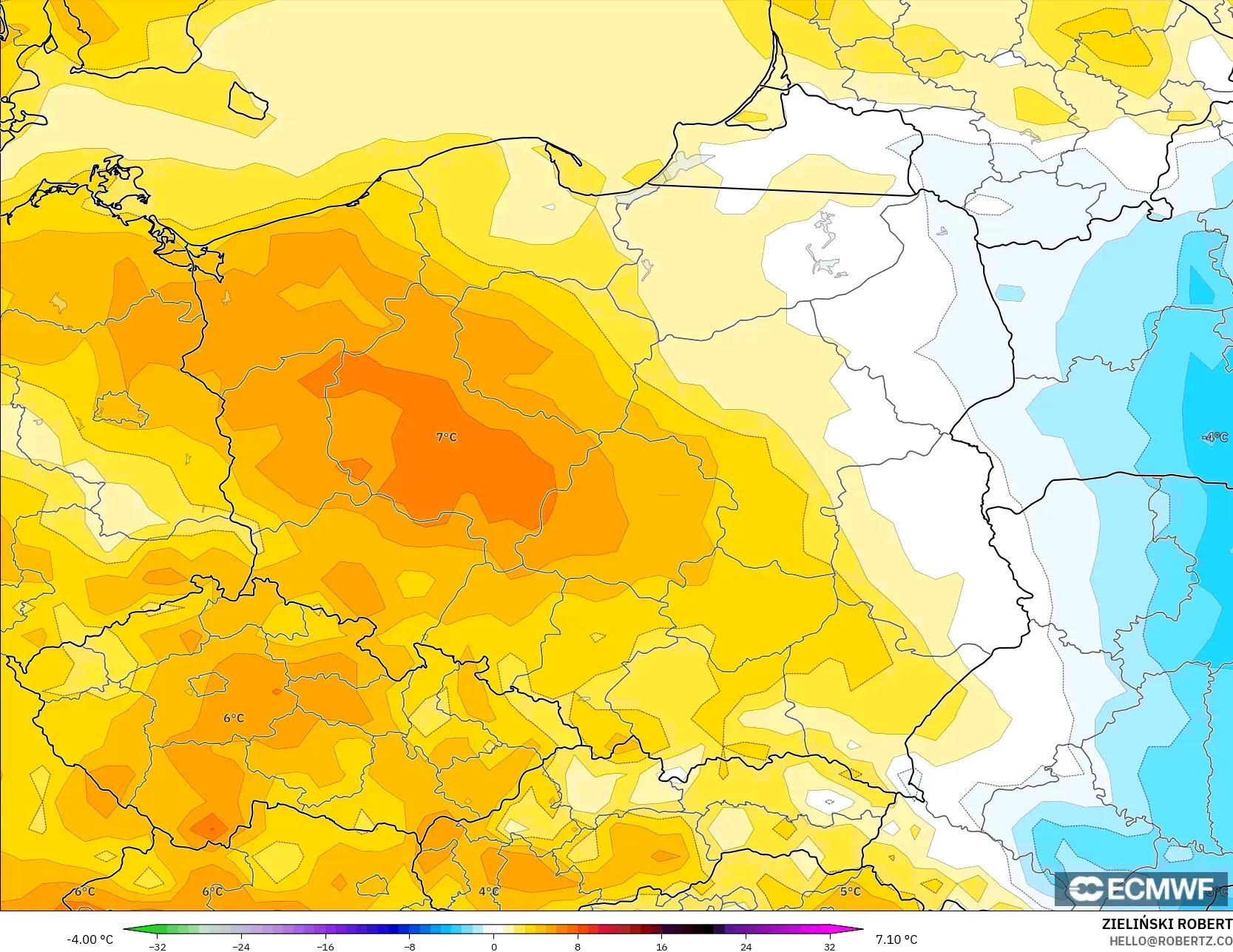 ECMWF IFS 0.25° modelo - Polonia, Anomalía de temperatura a 2 m
