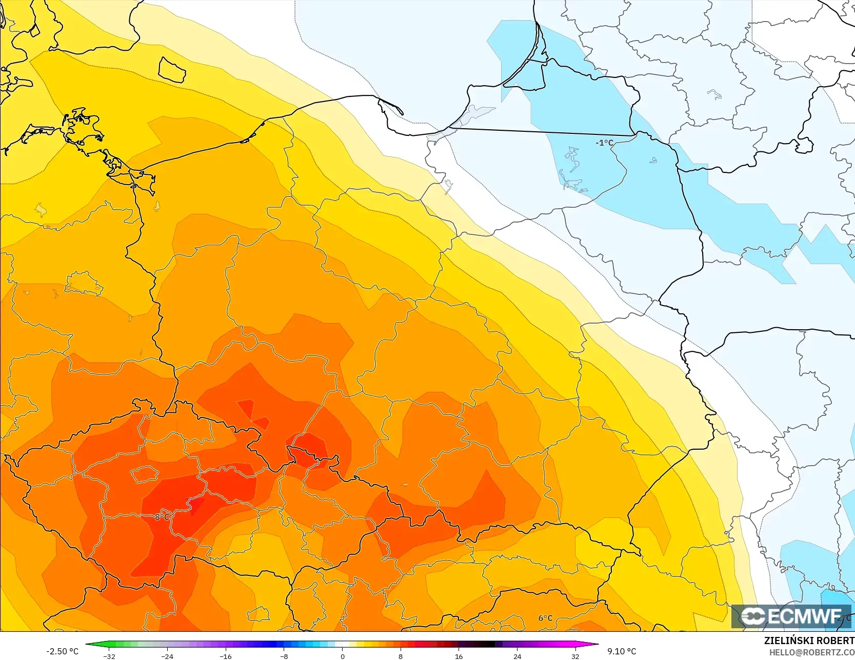 ECMWF IFS 0.25° modelo - Polonia, Anomalía de temperatura a 850 hPa
