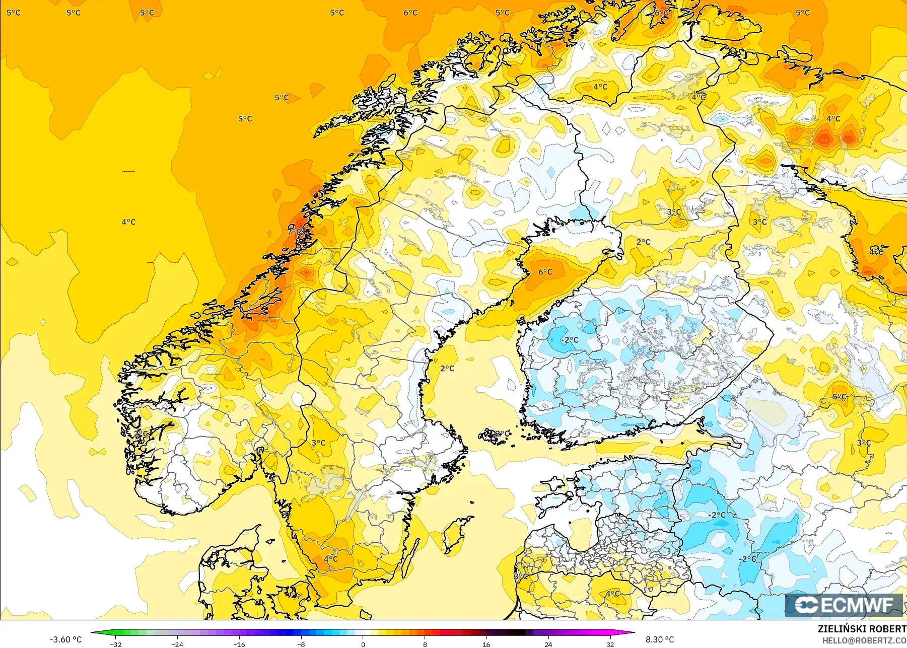 ECMWF IFS 0.25° modelo - Escandinavia, Anomalía de temperatura a 2 m
