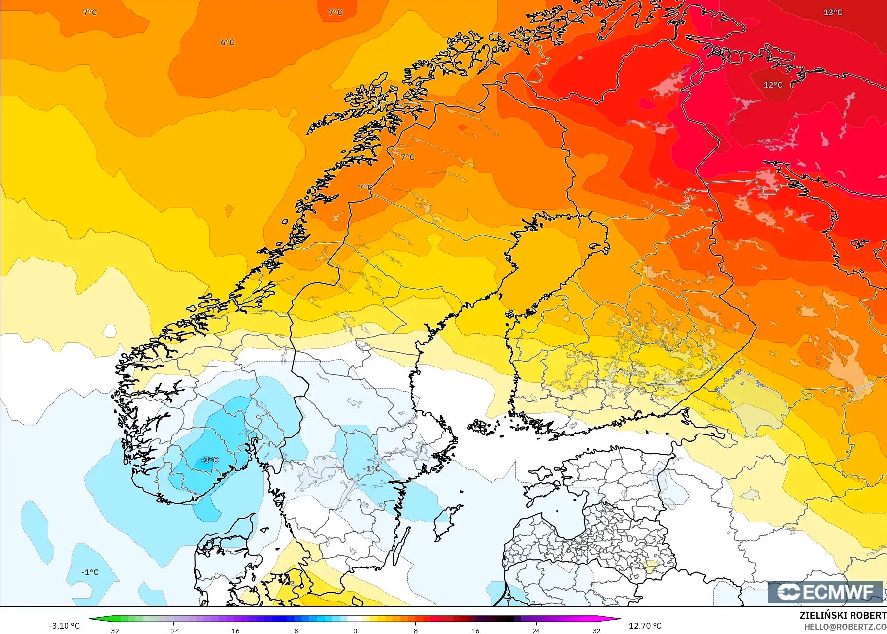 ECMWF IFS 0.25° modelo - Escandinavia, Anomalía de temperatura a 850 hPa