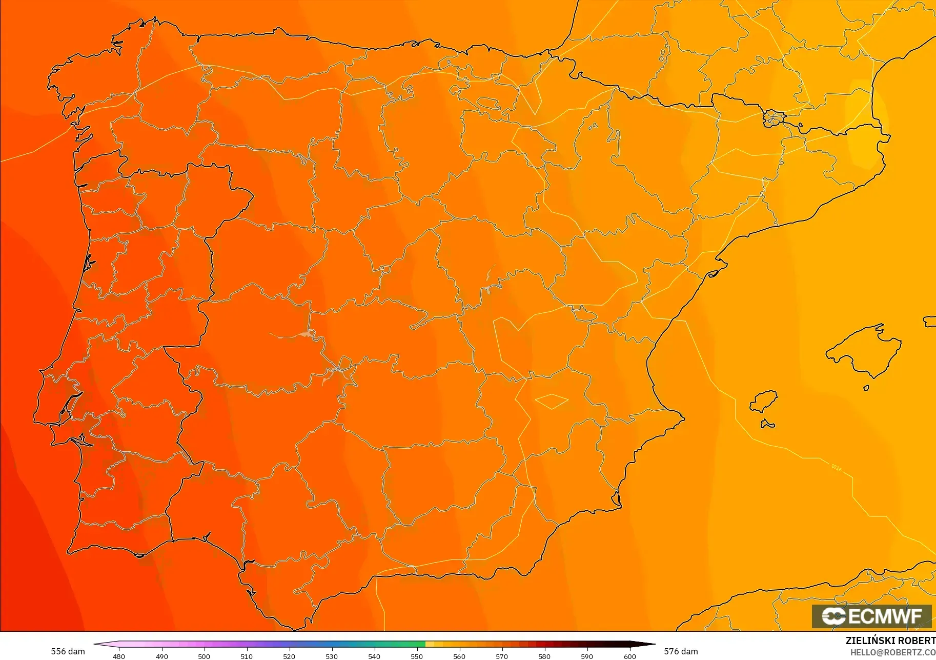 ECMWF IFS 0.25° modelo - España, Altura geopotencial a 500 hPa