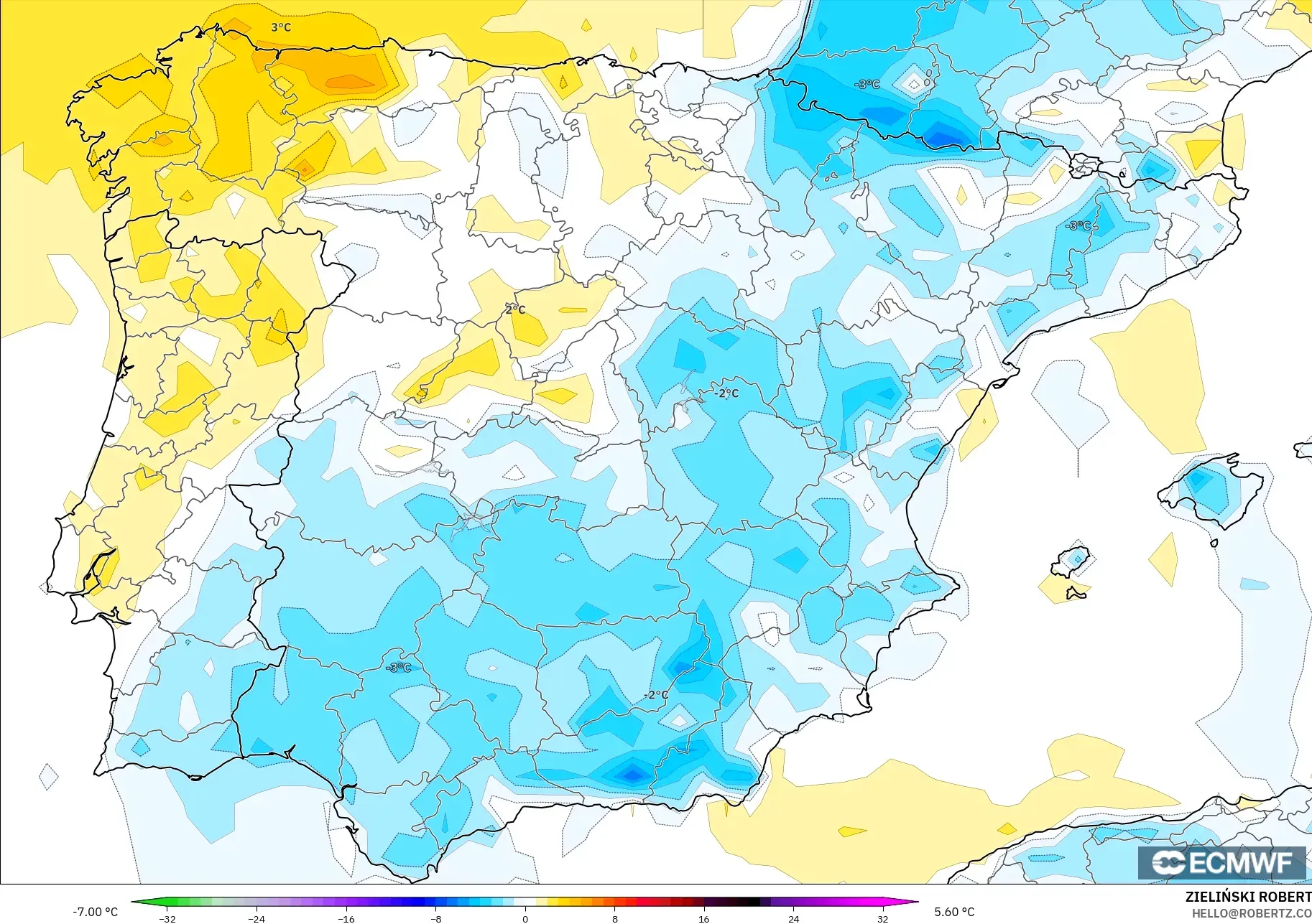 ECMWF IFS 0.25° modelo - España, Anomalía de temperatura a 2 m