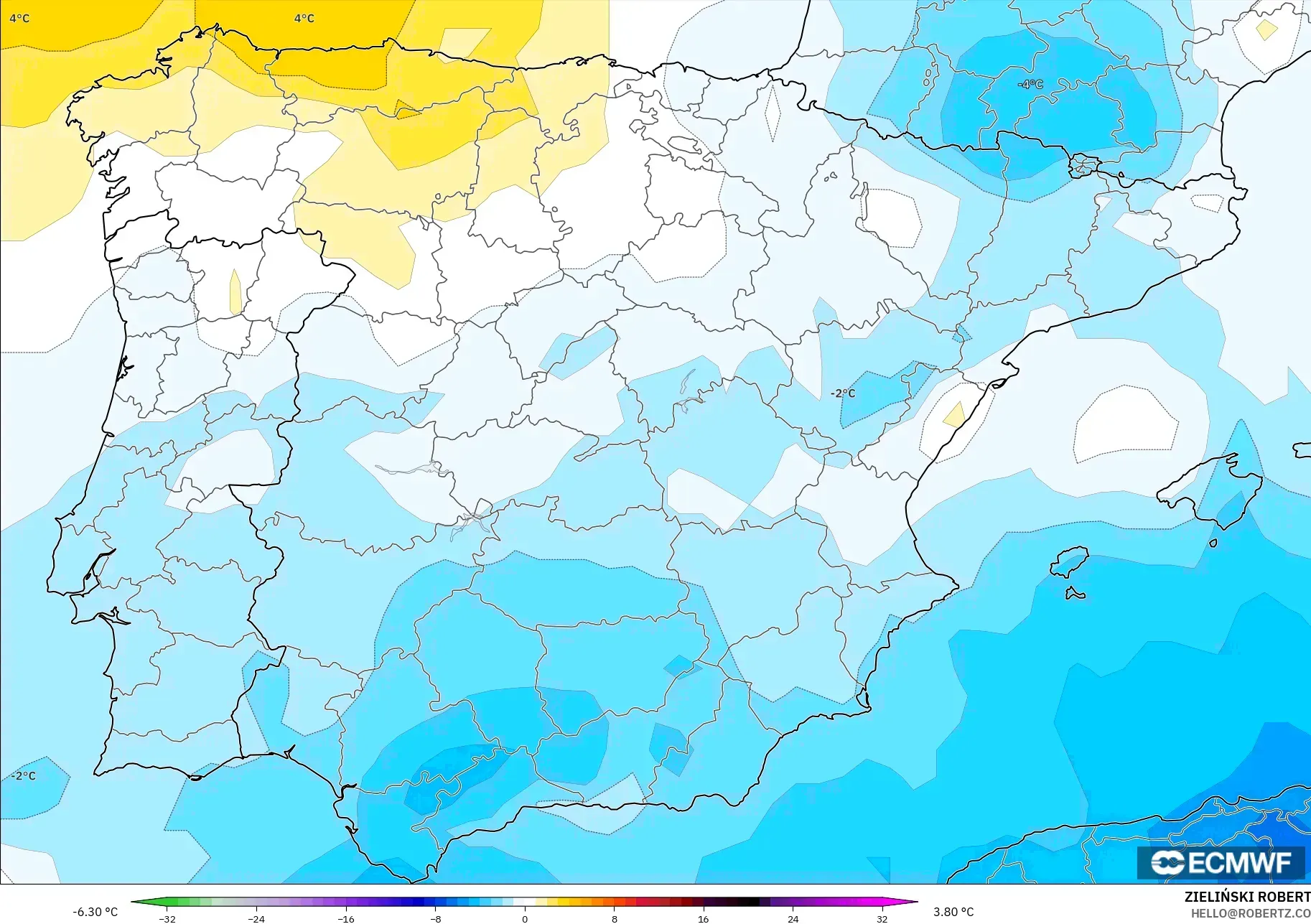 ECMWF IFS 0.25° modelo - España, Anomalía de temperatura a 850 hPa