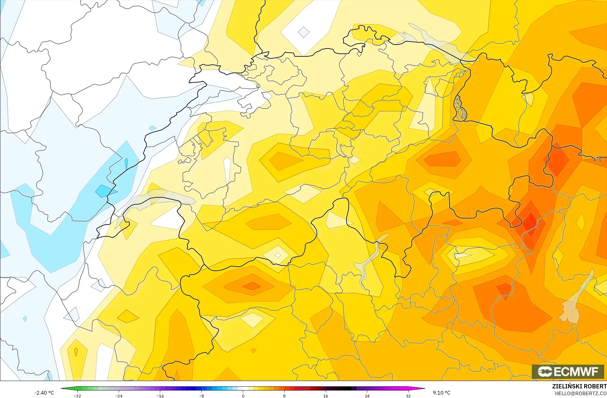 ECMWF IFS 0.25° modelo - Suiza, Anomalía de temperatura a 2 m