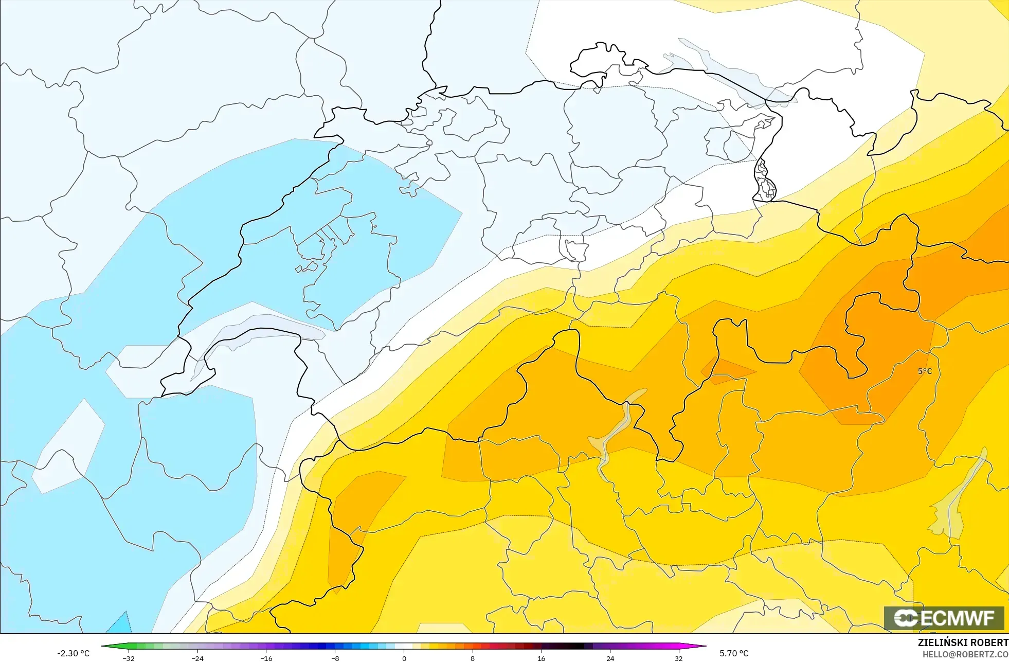 ECMWF IFS 0.25° modelo - Suiza, Anomalía de temperatura a 850 hPa