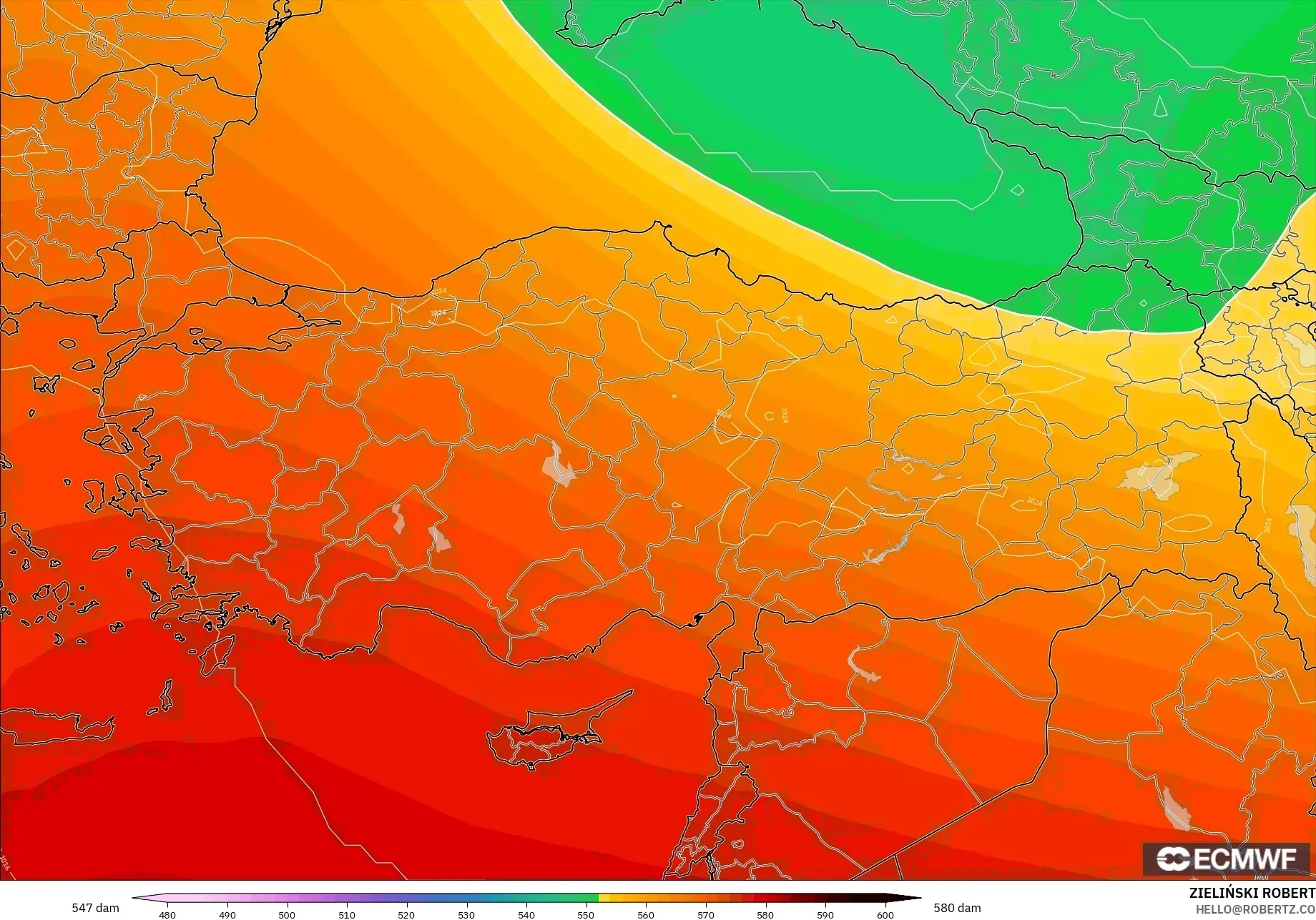 ECMWF IFS 0.25° modelo - Turquía, Altura geopotencial a 500 hPa
