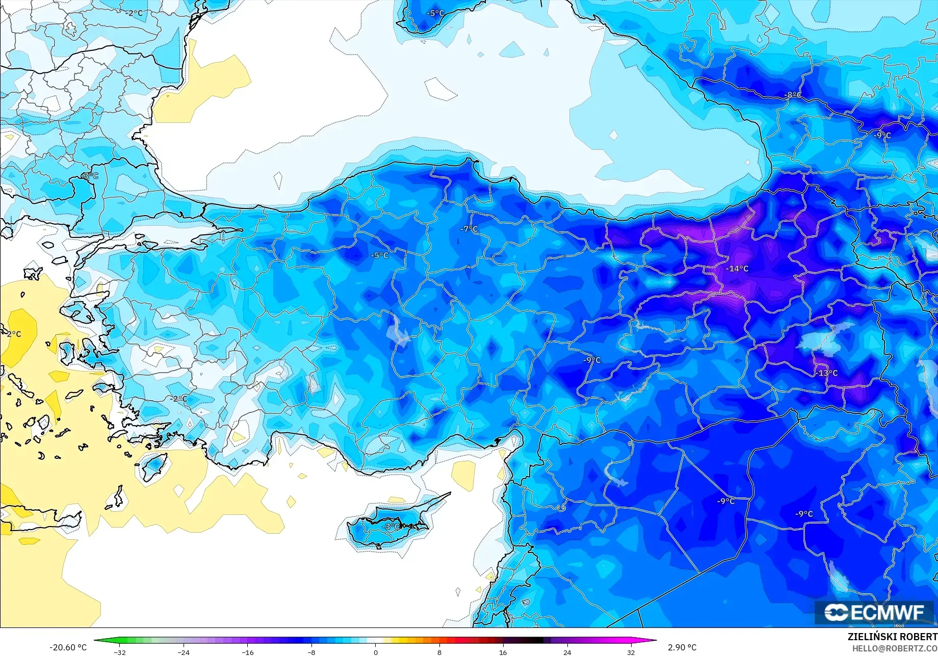 ECMWF IFS 0.25° modelo - Turquía, Anomalía de temperatura a 2 m