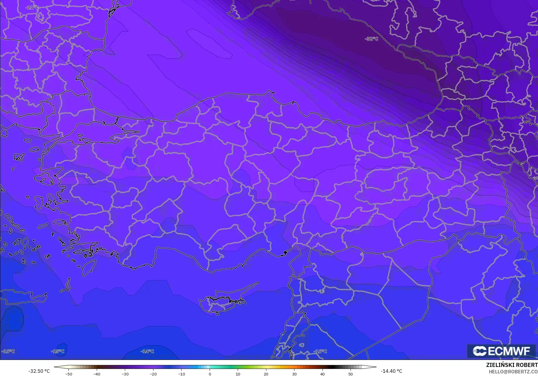 ECMWF IFS 0.25° modelo - Turquía, Temperatura a 500 hPa
